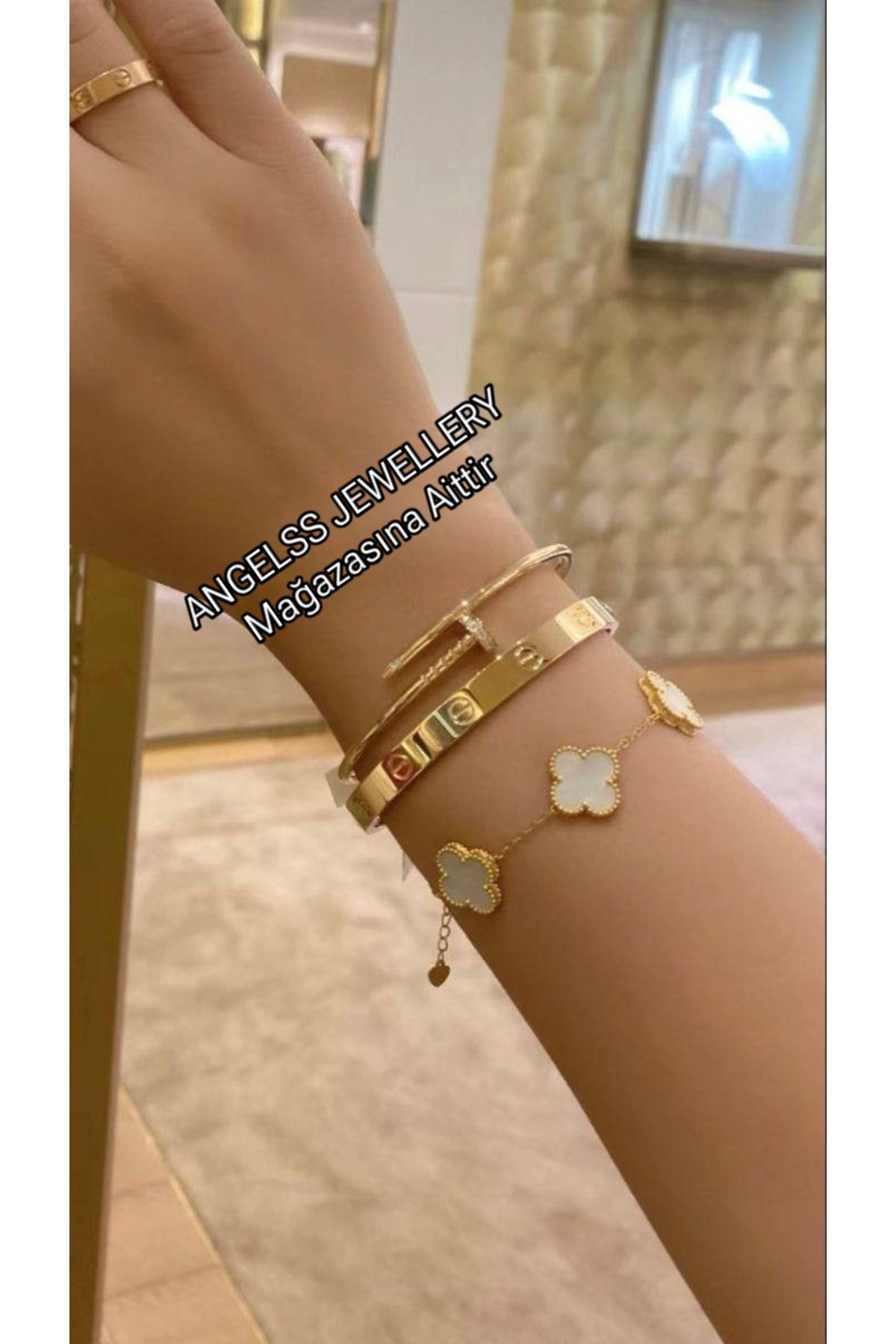 Medisa Jewelry Üçlü Kombin Gold Marka Model Çivi Kelepçe Bileklik (3’lü Set YONCA MODEL BİLEKLİK)