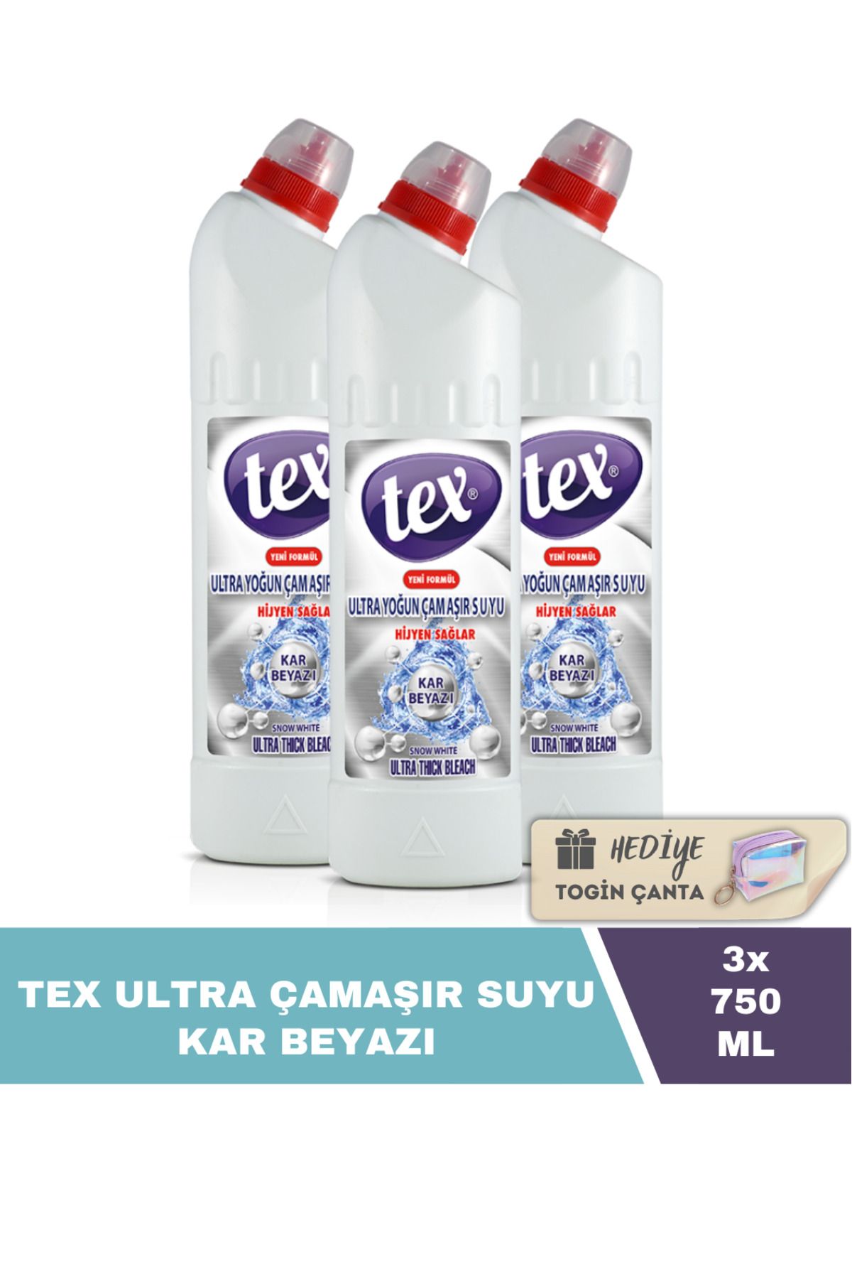 Tex Ultra Çamaşır Suyu Kar Beyazı 750 ML X3 Adet + Hediye Togin Çanta