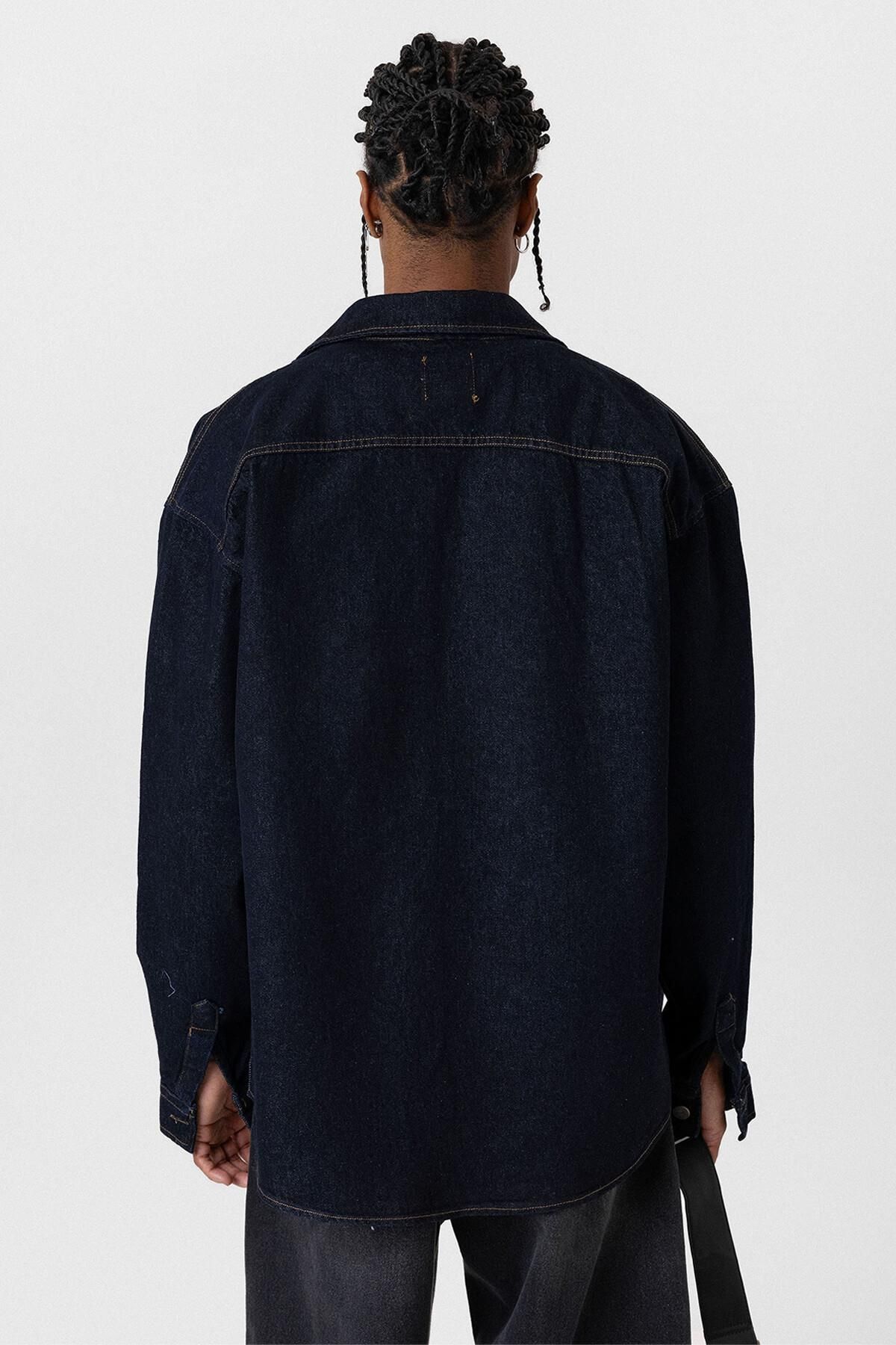 VAMOSCLO-Oversize Denim Jacket with Pocket Detail Dark Blue 5