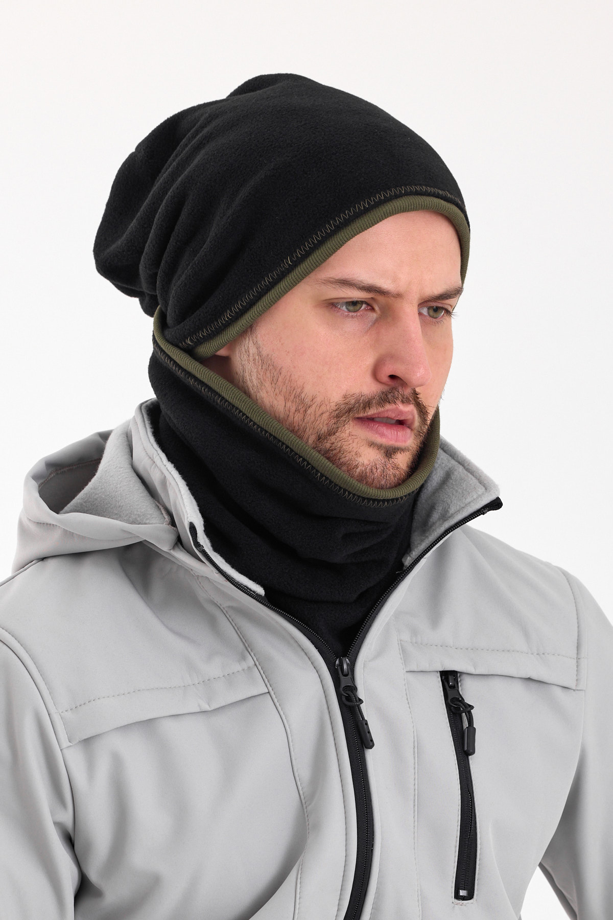 Butikgiz Erkek Siyah Polar Dış, Haki Pamuklu İç Kısım Çift Renk Çift Katman Katlanabilir Bere Boyunluk Set görsel 3
