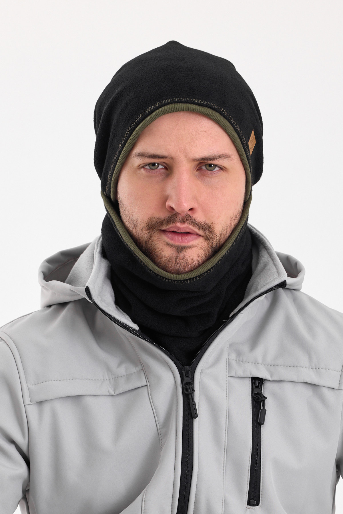 Butikgiz Erkek Siyah Polar Dış, Haki Pamuklu İç Kısım Çift Renk Çift Katman Katlanabilir Bere Boyunluk Set görsel 5