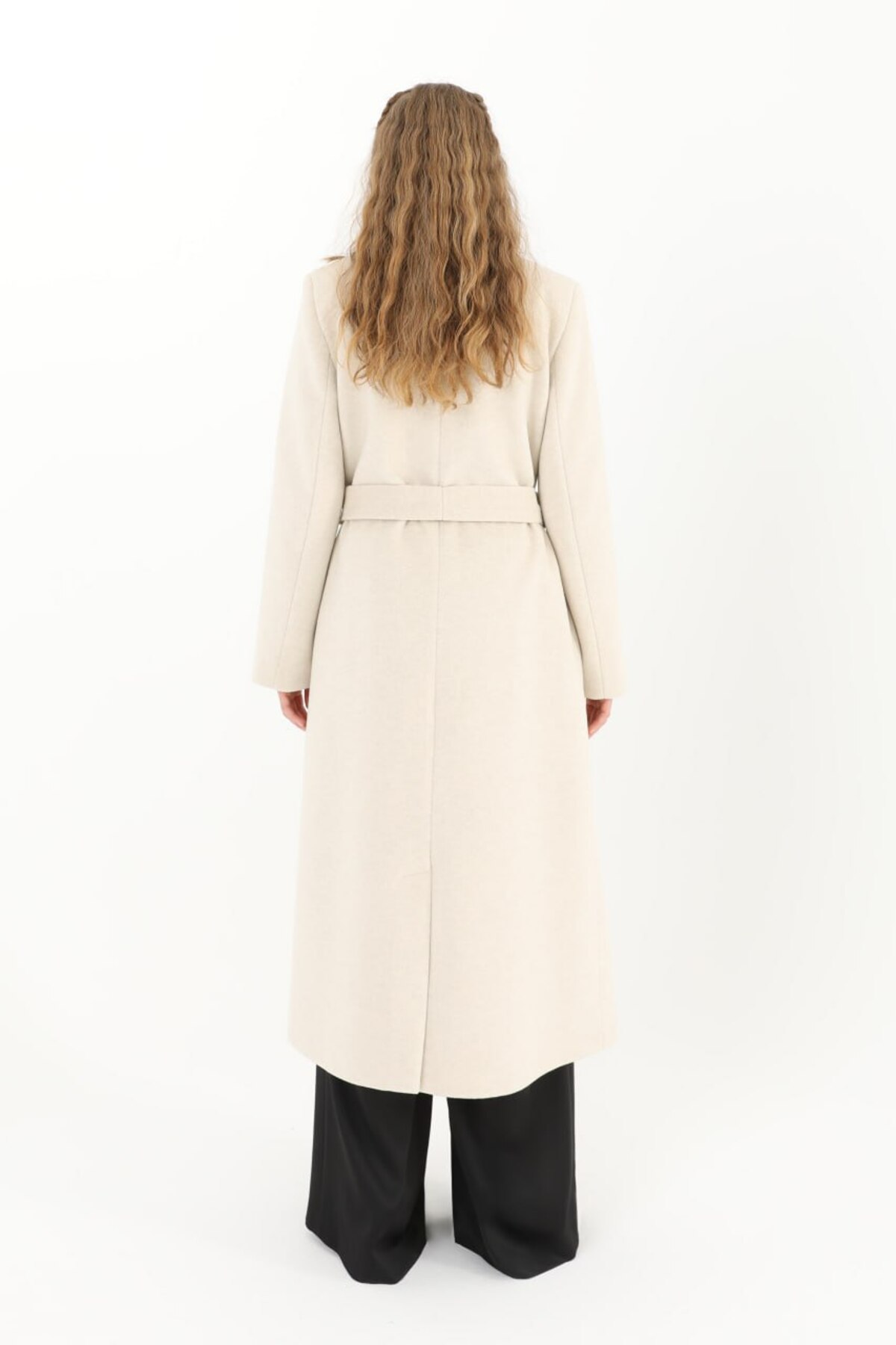 Puane  Kadın Kuşaklı Uzun Boy Astarlı Kaşe DARK BEJ Kaban Bej 15170 - Görsel 2