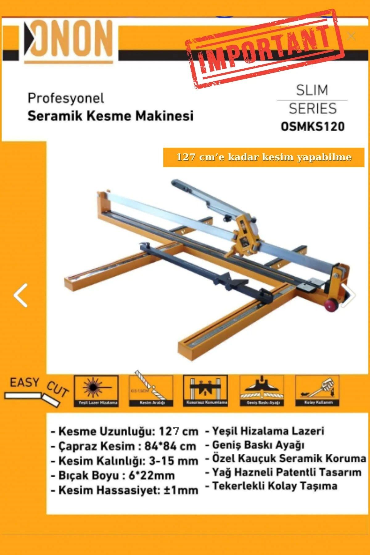 DEKO TURKEY Long 120cm Granit ve Fayans Kesme Makinesi - Yeşil Lazerli, Yedek Elmas Ucu Hediyeli