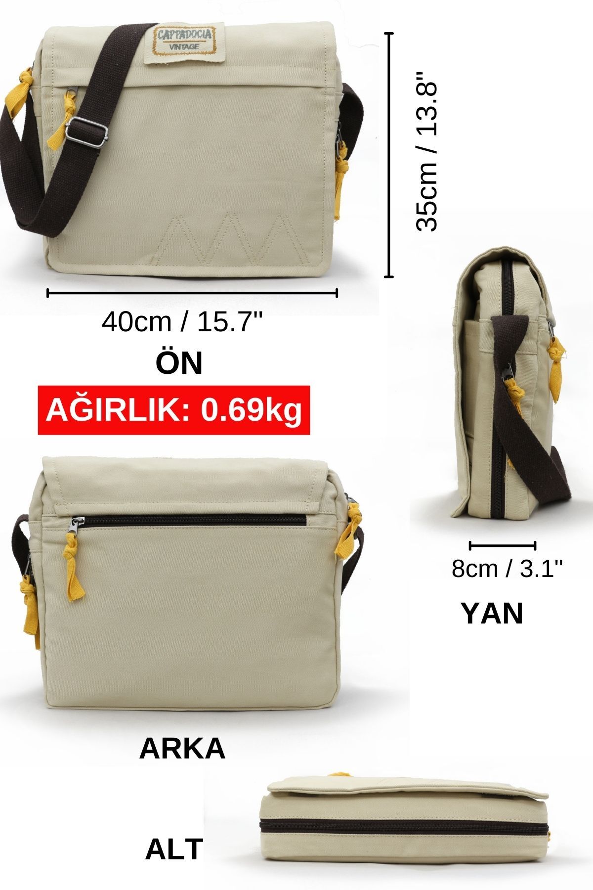 Cappadocia Vintage  4009 Ephesus Salaş Omuz Postacı Bej Krem 15.6 inç Laptop Okul Seyahat Günlük Vintage Pamuk Çanta - Görsel 2