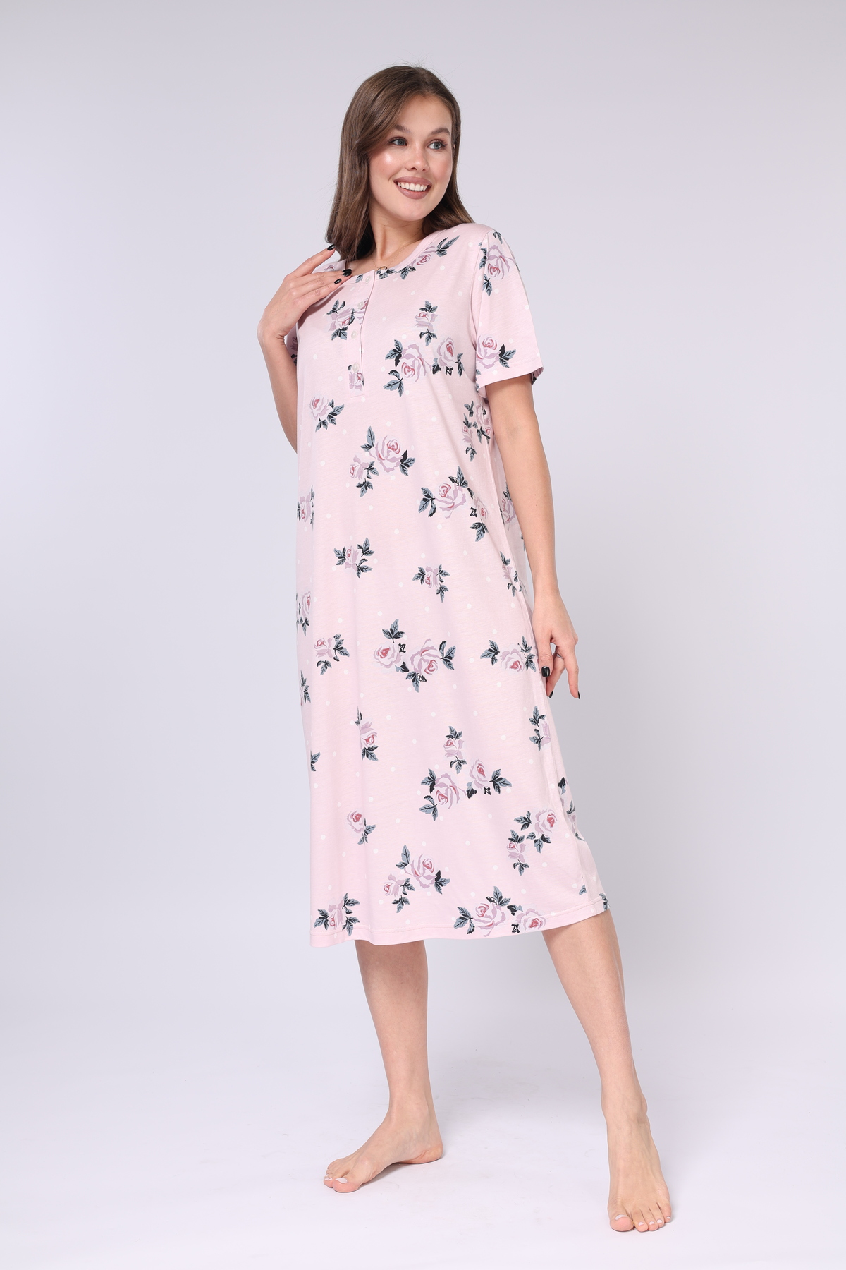 Mio Vero Pudra Rengi Pamuk Modal Çiçek Desenli Düğmeli Yaka Kısa Kollu Kadın Gecelik