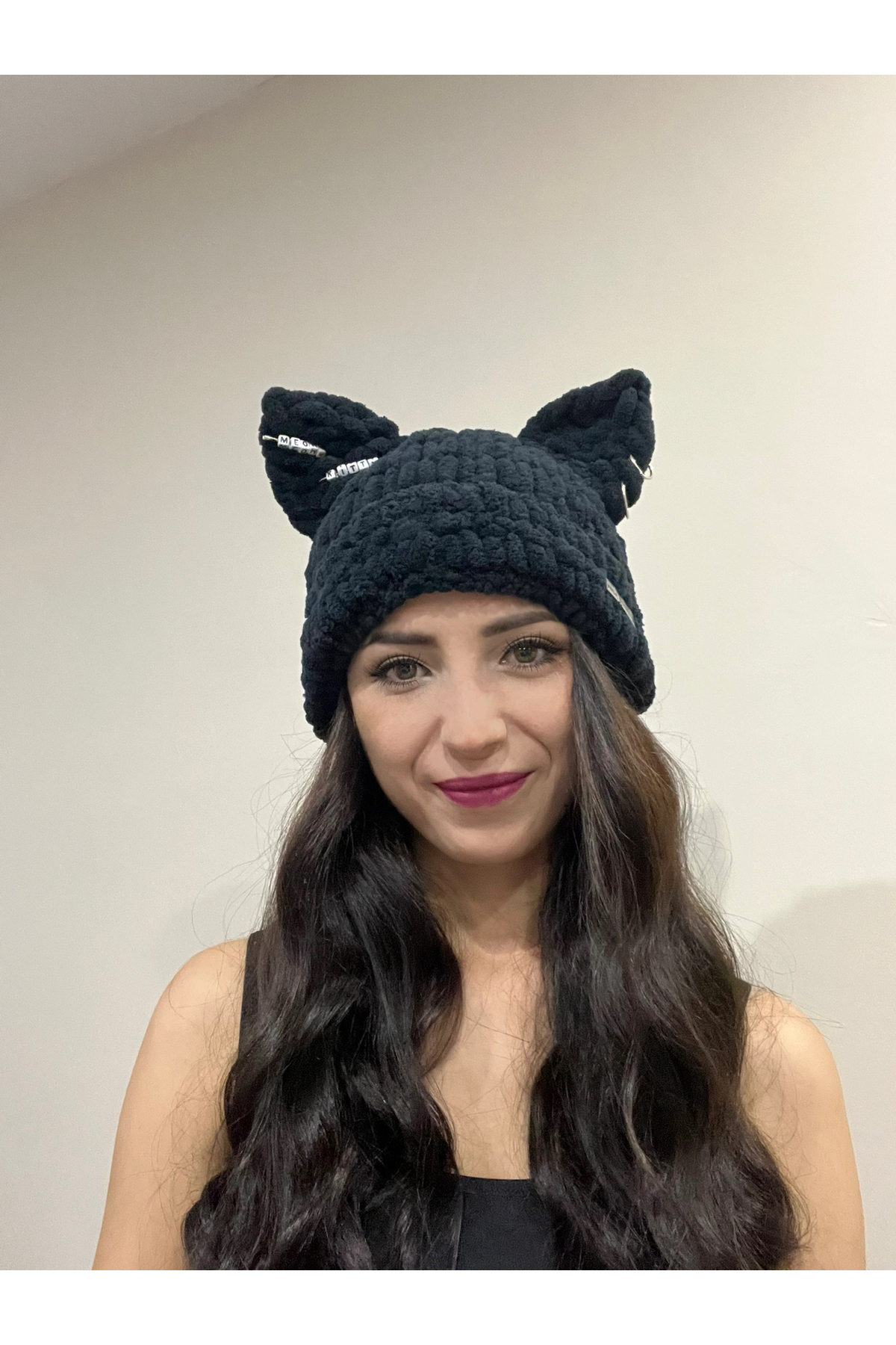 AidaAstrid Kedi Kulaklı Puffy Bere Gri El Örgüsü Kışlık Bere Şapka Hello Kitty görsel 4