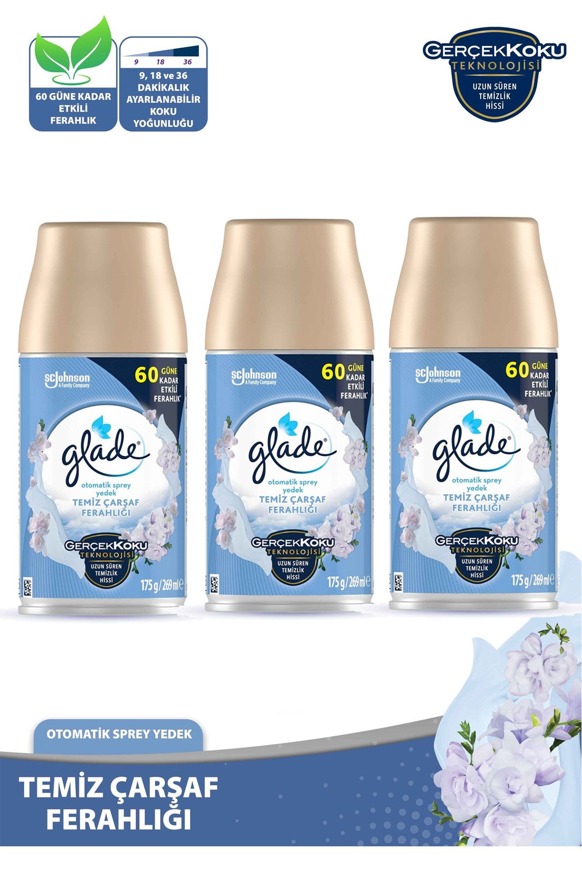 Glade Oda Kokusu Yedek Sprey Temiz Çarşaf Ferahlığı 3 x 269 ml./175gr.