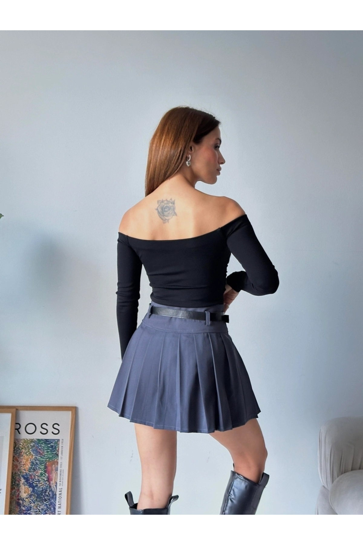 Leo Ferre  Füme Full Pileli Kemerli Astar Şortlu Kadın Mini Etek - Görsel 5