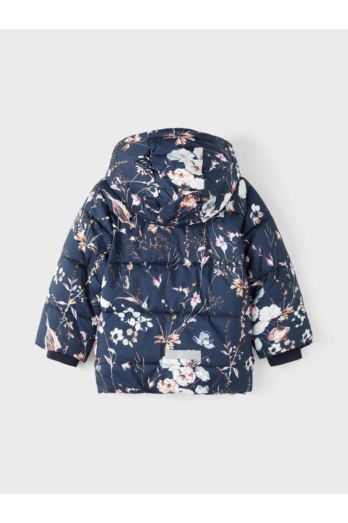 name ıt-Girl's Navy Blue Puffer Jacket - Nmfmay Flower Model 2