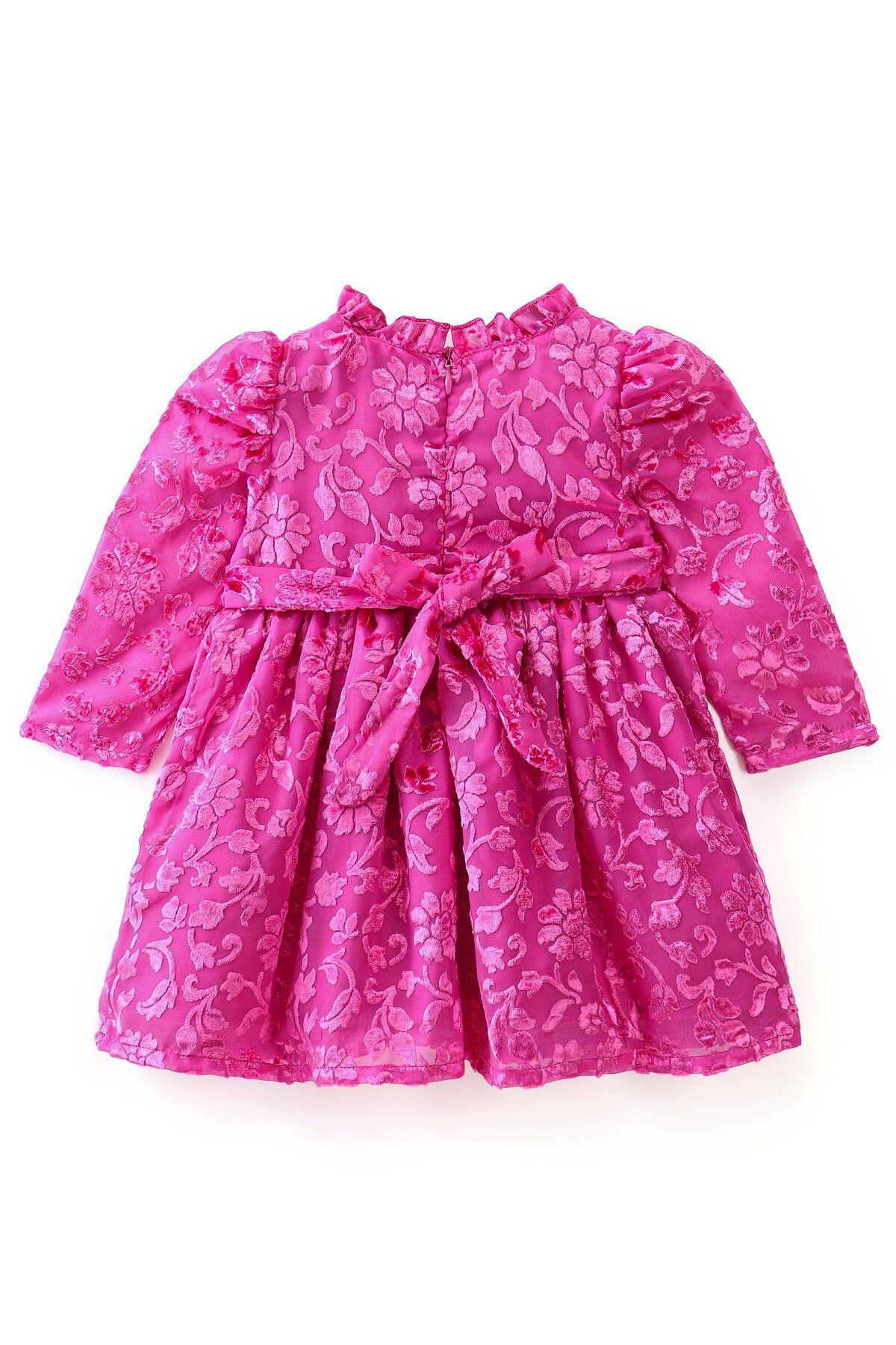 Babyhug-Babyhug Full Sleeves Textured Fabric Party Frock with Bow Applique  - Fuchsia 2