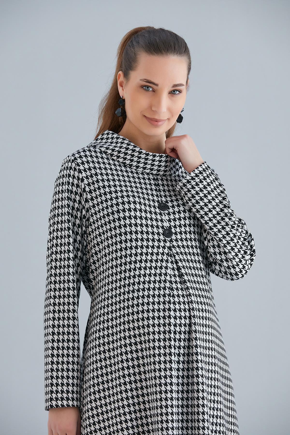 Işşıl-IŞIL 4536-Degaje Buttoned Collar Houndstooth Maternity Tunic-Dress 5