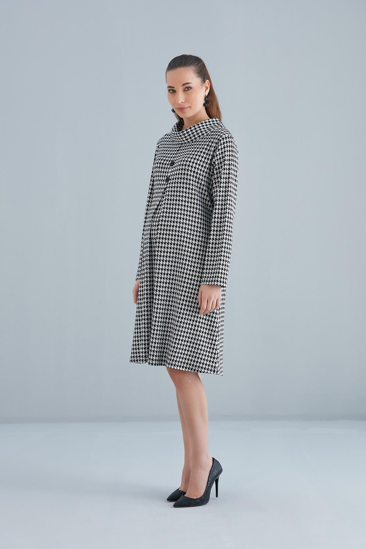 Işşıl-IŞIL 4536-Degaje Buttoned Collar Houndstooth Maternity Tunic-Dress 2