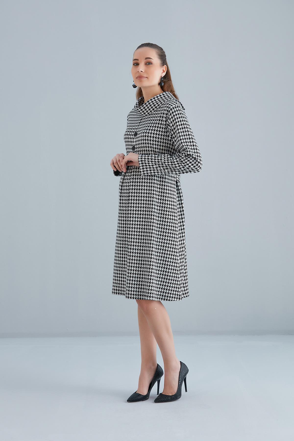Işşıl-IŞIL 4536-Degaje Buttoned Collar Houndstooth Maternity Tunic-Dress 3
