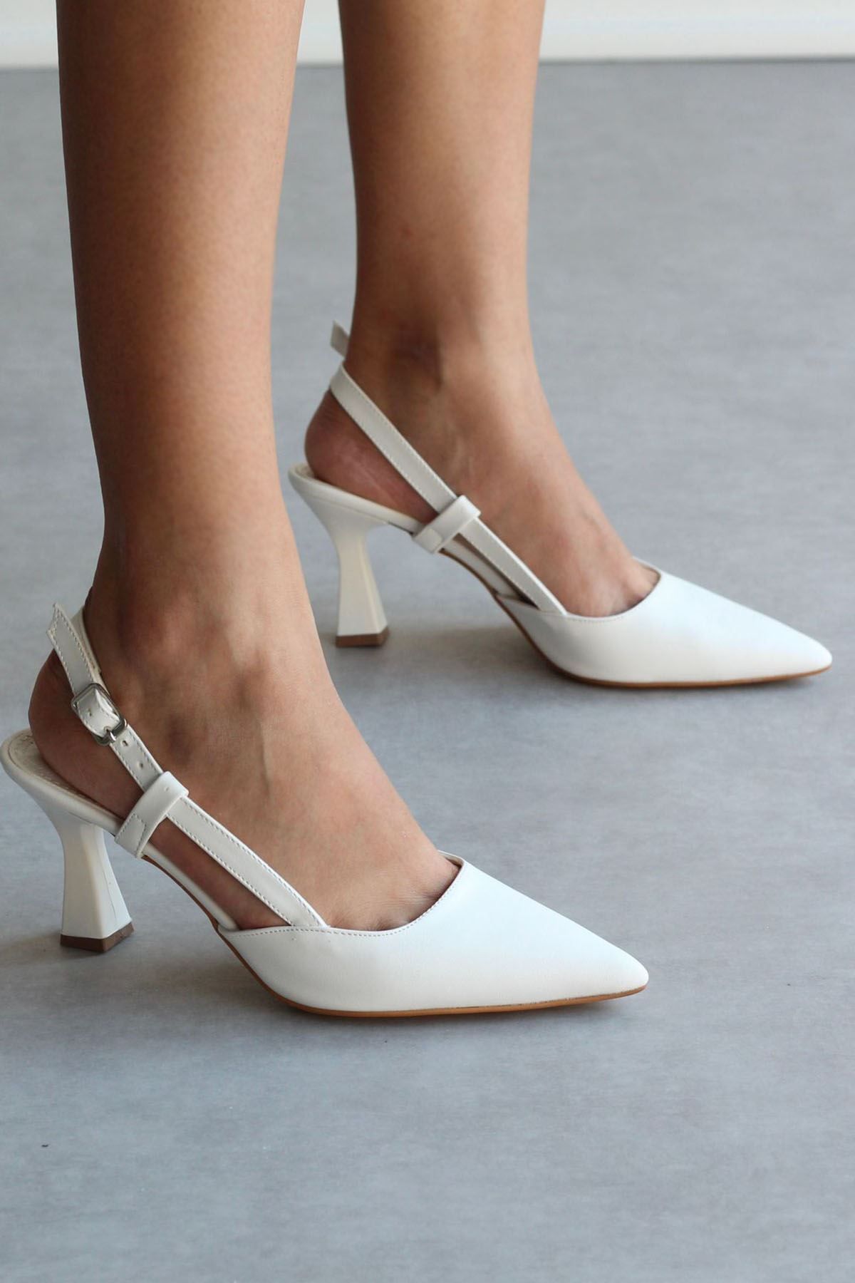 Mida Shoes-Y3060 White Leather Buckle Women's Heeled Shoes 3