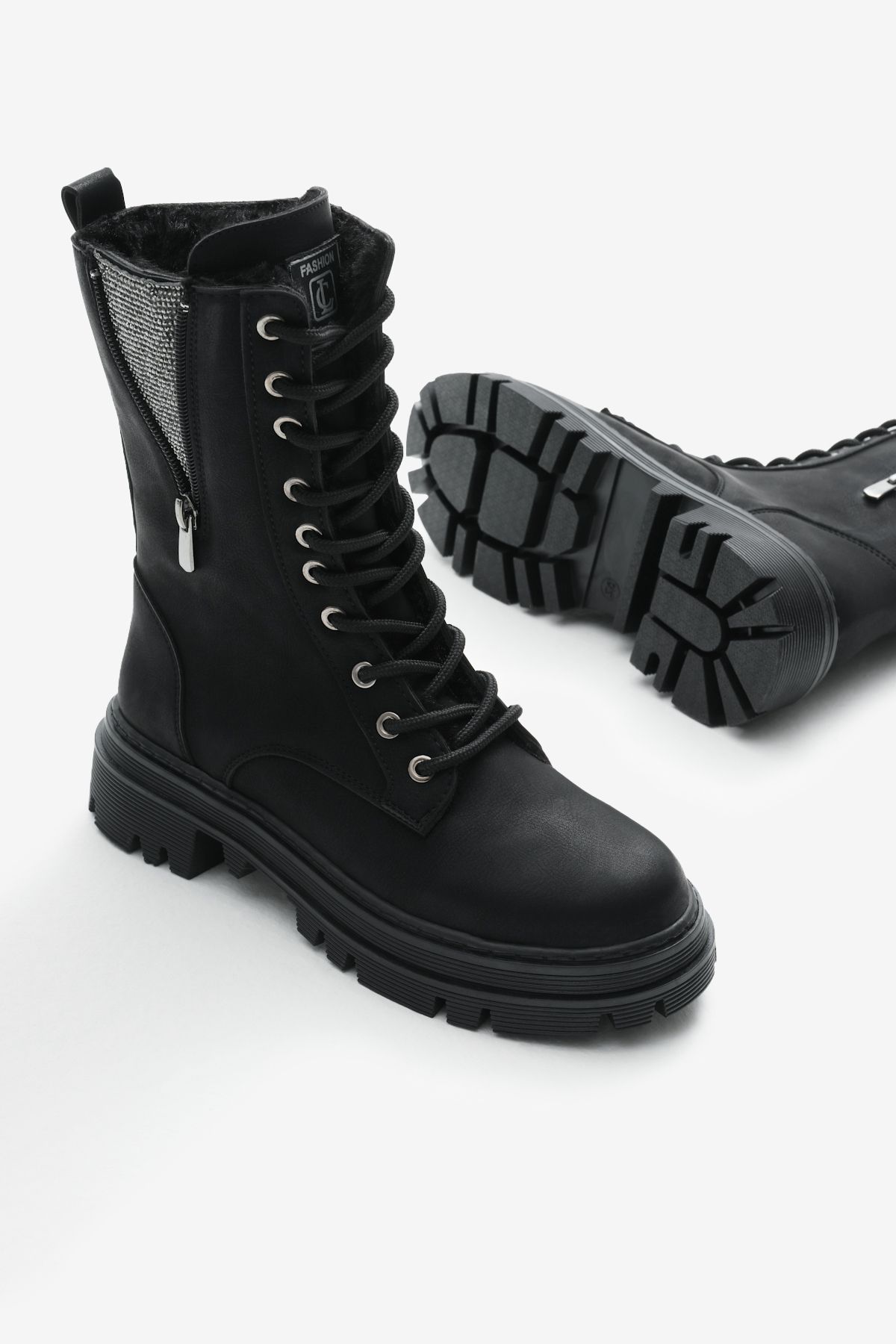 Tonny Black-Women's Black Matte Thermo Sole Side Stone Detailed Lace up and Zippered Boots 4