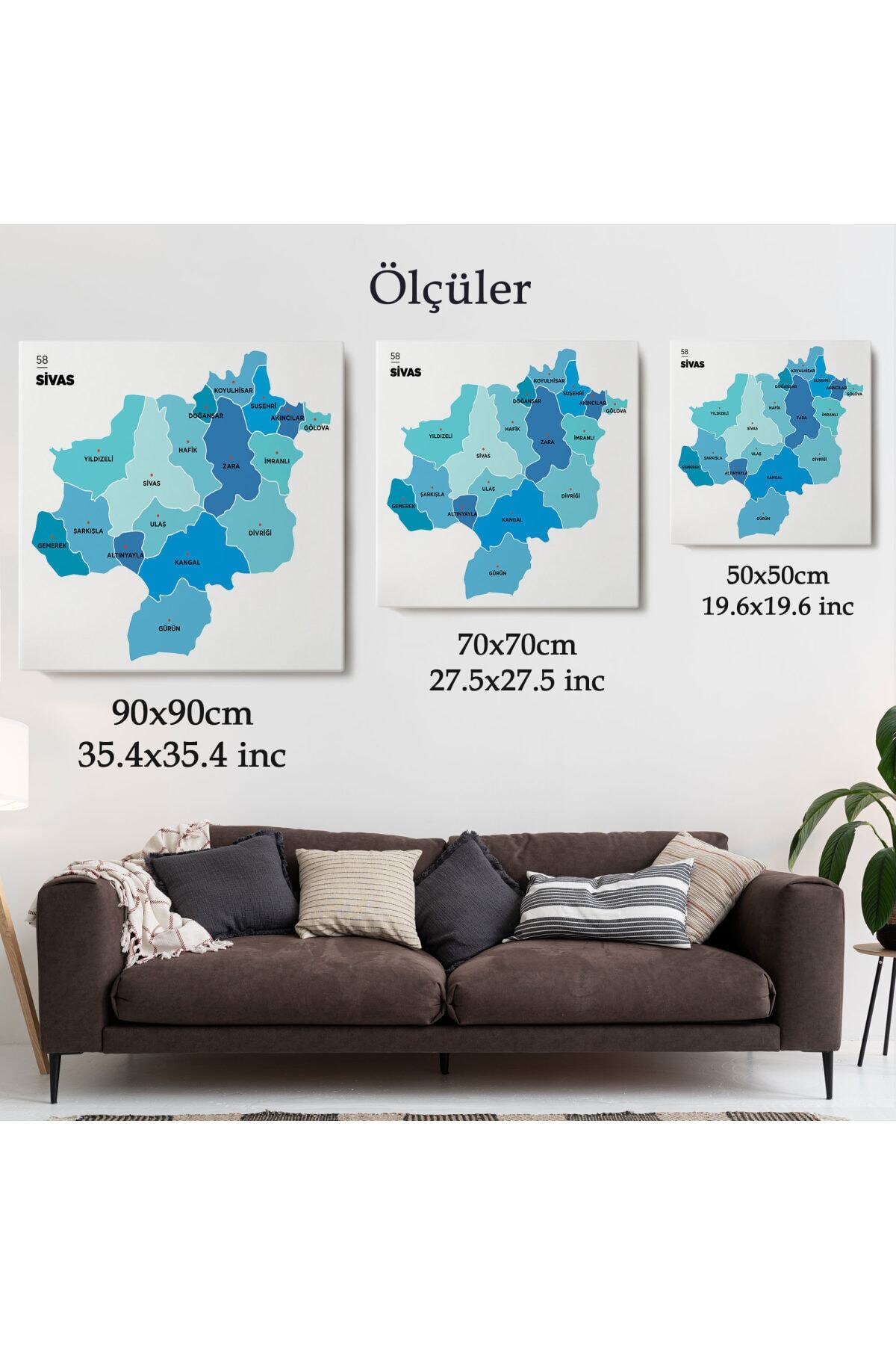 Sivas Ili Ve Ilçeler Haritası Dekoratif Kanvas Tablo-1 görsel 5