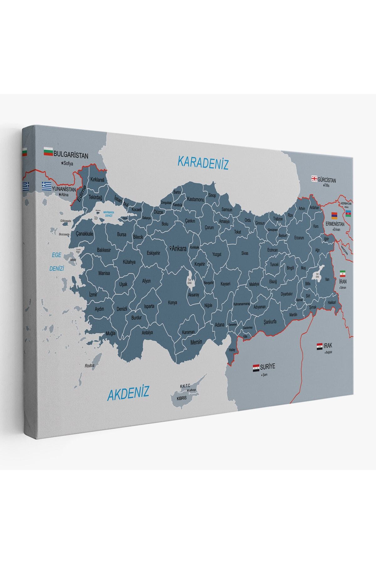 Türkiye Haritası Kanvas Tablo Sınır Komşulu Eğitici Ve Öğretici Dekoratif Tablo