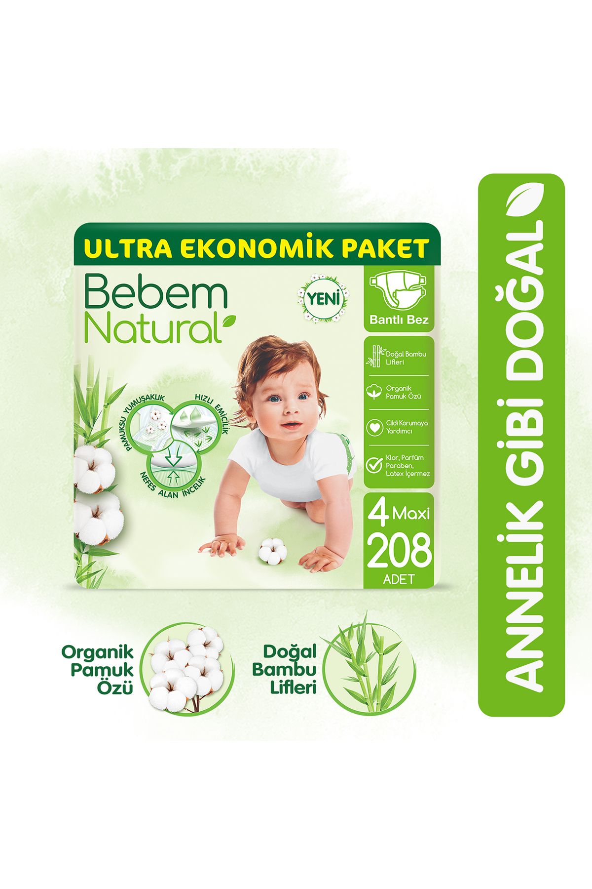 Bebem Natural Bebek Bezi 4 Beden Maxi Ultra Ekonomik Paket 208 Adet