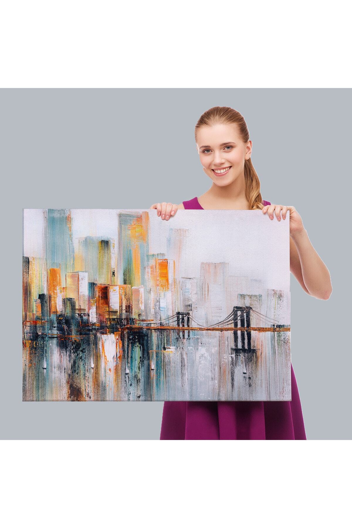 Brooklyn Köprüsü New York Yağlıboya Görünüm Dekoratif Kanvas Duvar Tablosu görsel 4