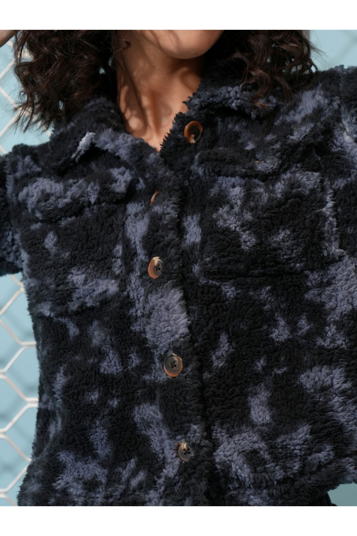 Tokyo Talkies By Styli-Abstract Print Button Detail Collared Jacket 5