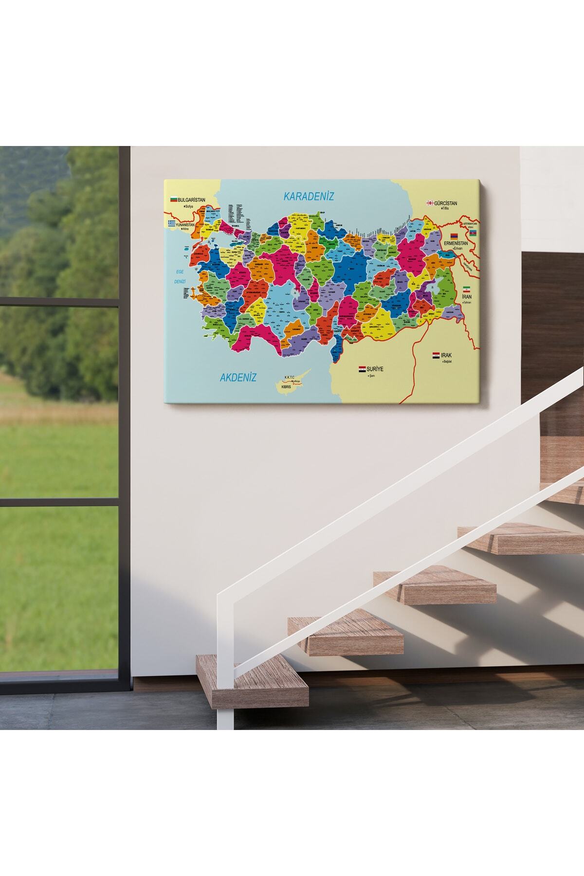Türkiye Haritası Kanvas Tablo Il Ve Ilçeli Ayrıntılı Eğitici Komşulu Dekoratif Tablo görsel 6