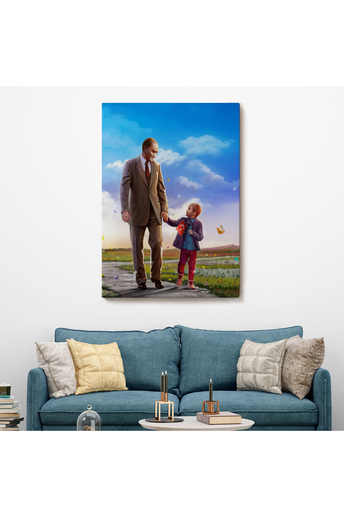 Atatürk Ve Çocuk El Ele Kanvas Tablo görsel 2