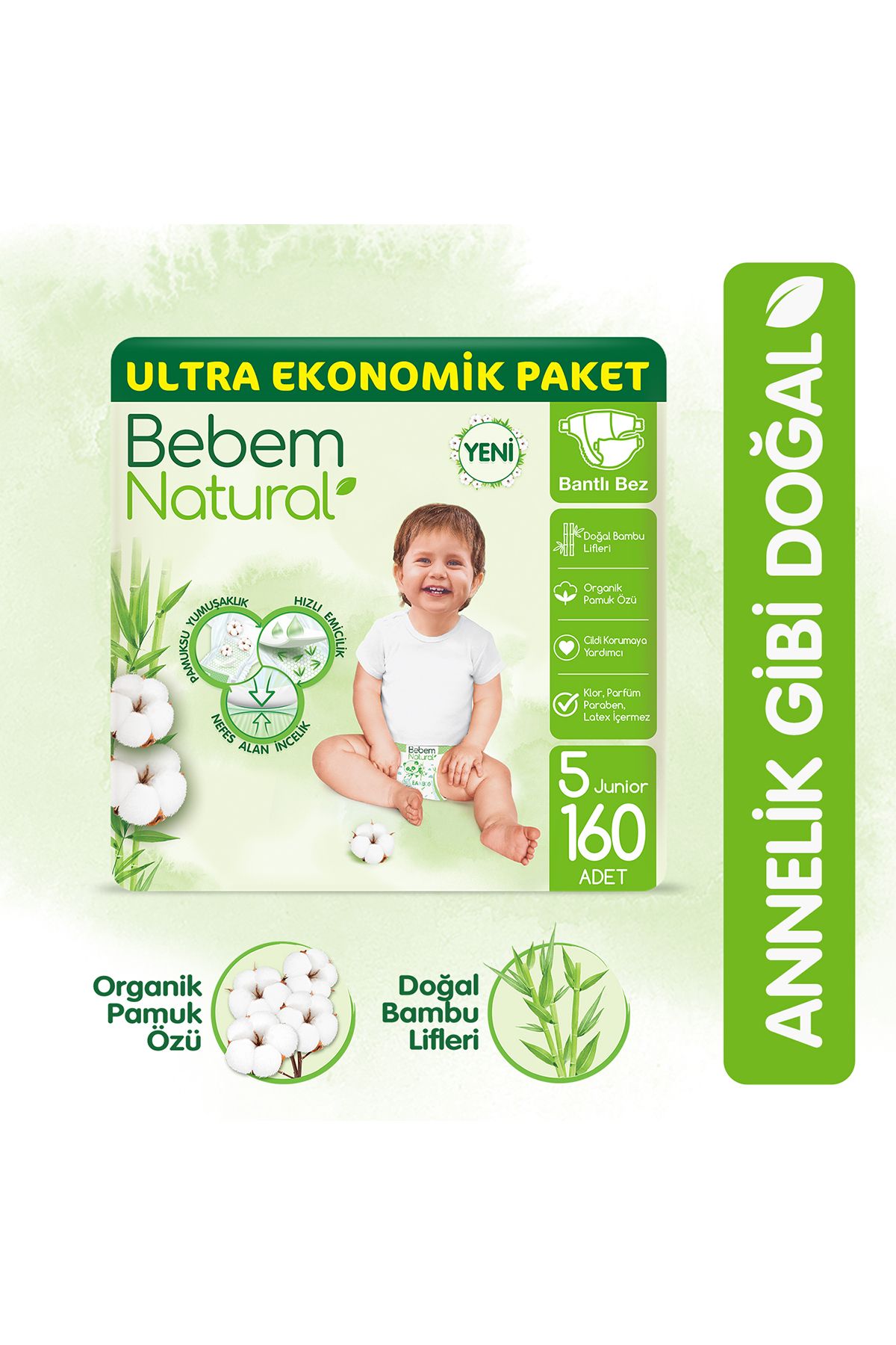 Bebem Natural Bebek Bezi 5 Beden Junior Ultra Ekonomik Paket 160 Adet