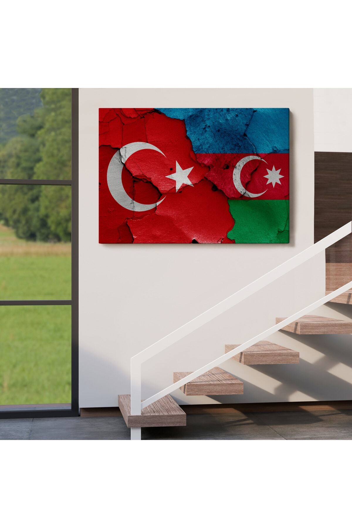Türkiye Azerbaycan Bayrak Desenli Dekoratif Kanvas Tablo görsel 4