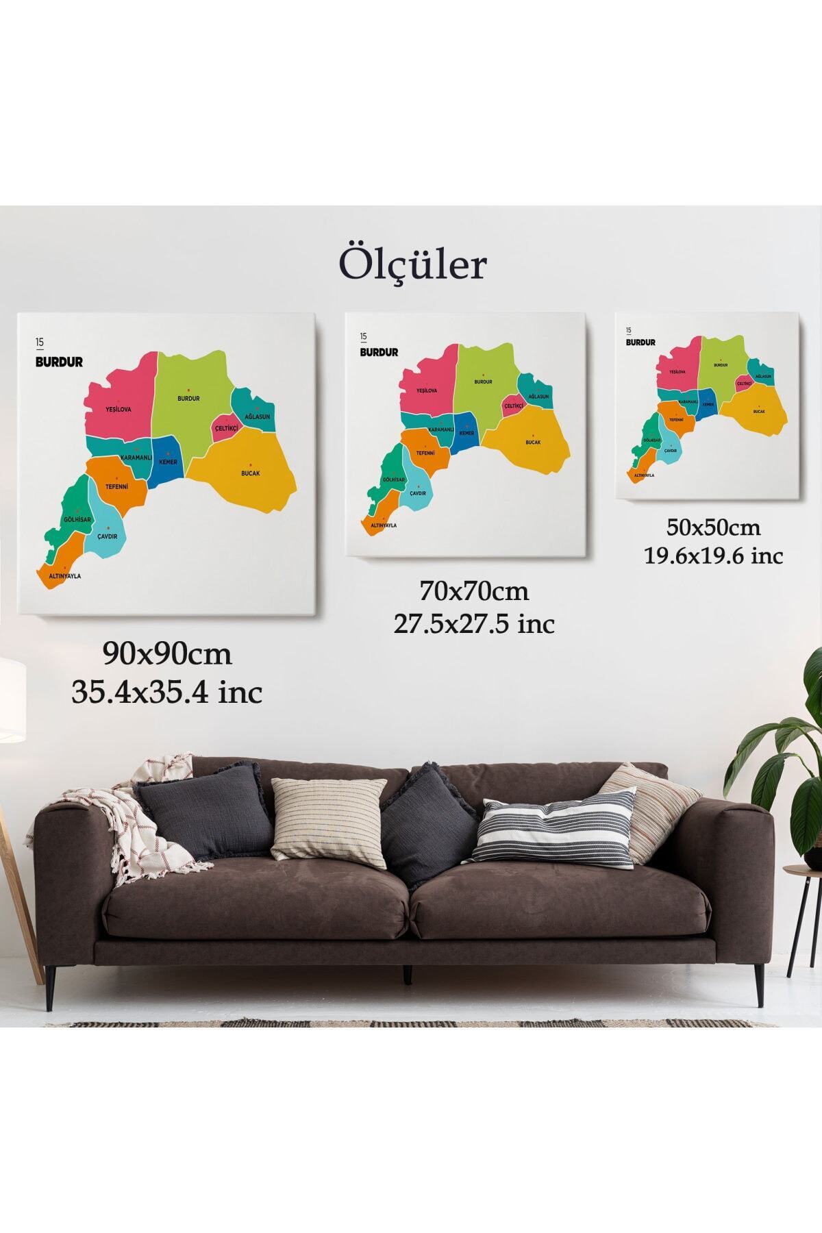 Burdur Ili Ve Ilçeler Haritası Dekoratif Kanvas Tablo görsel 5
