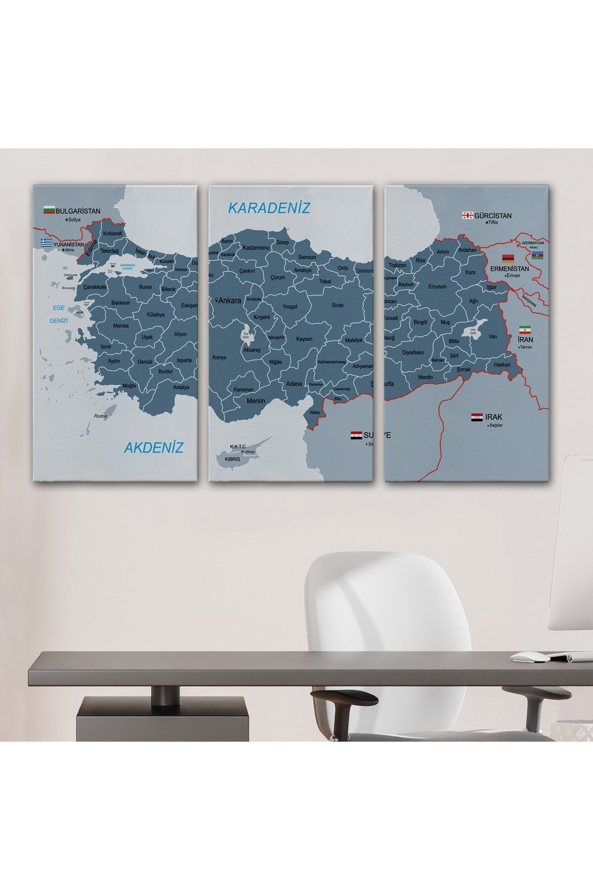 Türkiye Haritası Kanvas Tablo Sınır Komşulu Eğitici Ve Öğretici Dekoratif Tablo görsel 3