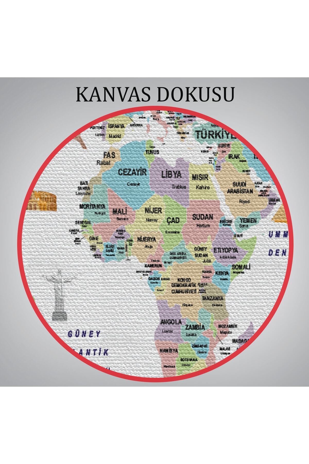 Türkçe Dünya Haritası Ülke Bayrak Ve Başkentli Kanvas Tablo görsel 7