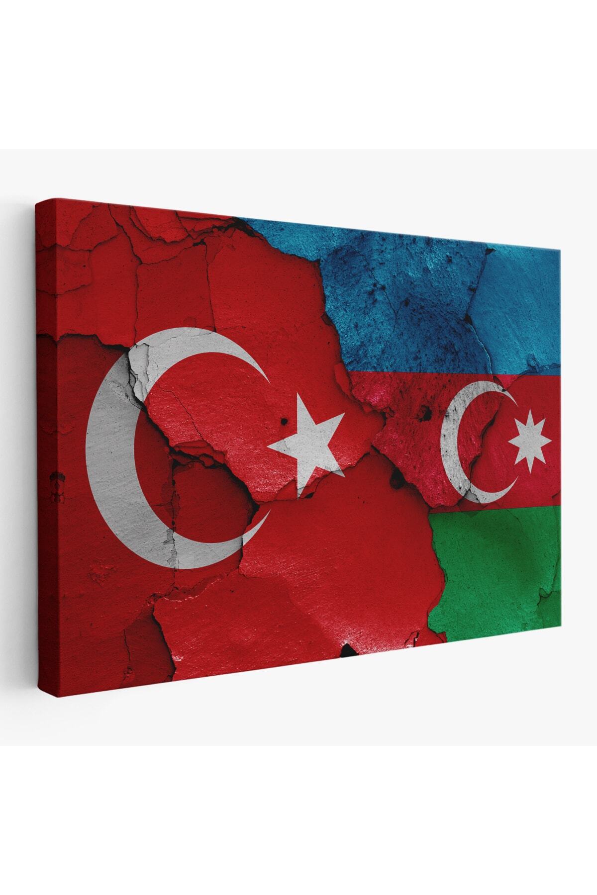 Türkiye Azerbaycan Bayrak Desenli Dekoratif Kanvas Tablo