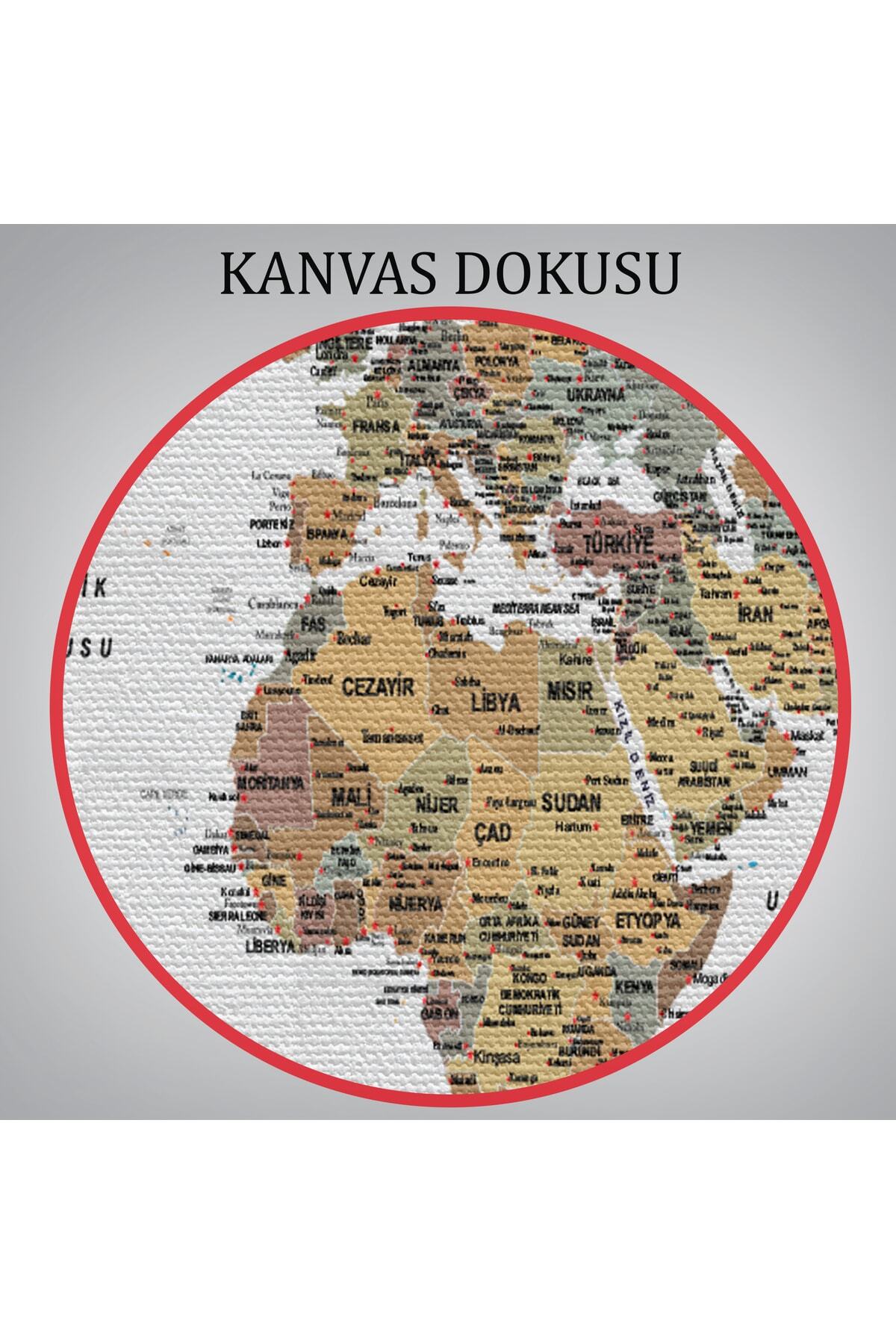 Türkçe Dünya Haritası Dekoratif Kanvas Tablo Son Derece Detaylı-1 görsel 6