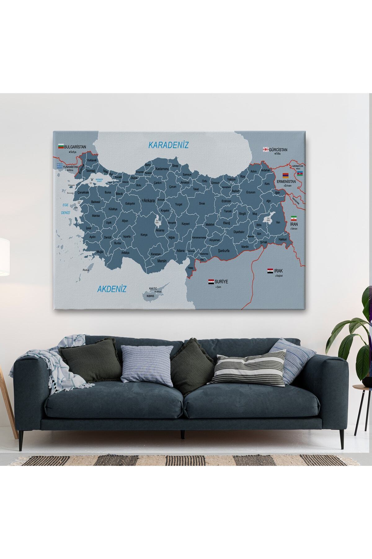 Türkiye Haritası Kanvas Tablo Sınır Komşulu Eğitici Ve Öğretici Dekoratif Tablo görsel 2