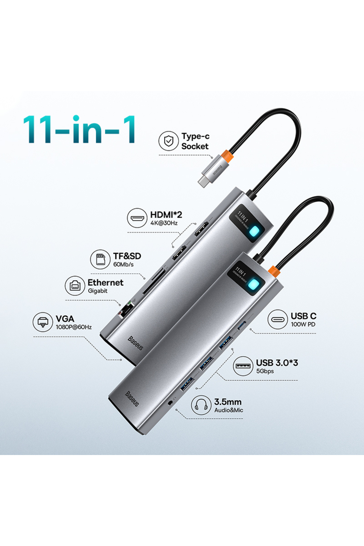 Baseus-موزع صوت USB C 11 في 1 بمنفذين HDMI إلى محول VGA USB 3.0 متوافق مع HDMI موزع USB Type C 9/11 في 1 1