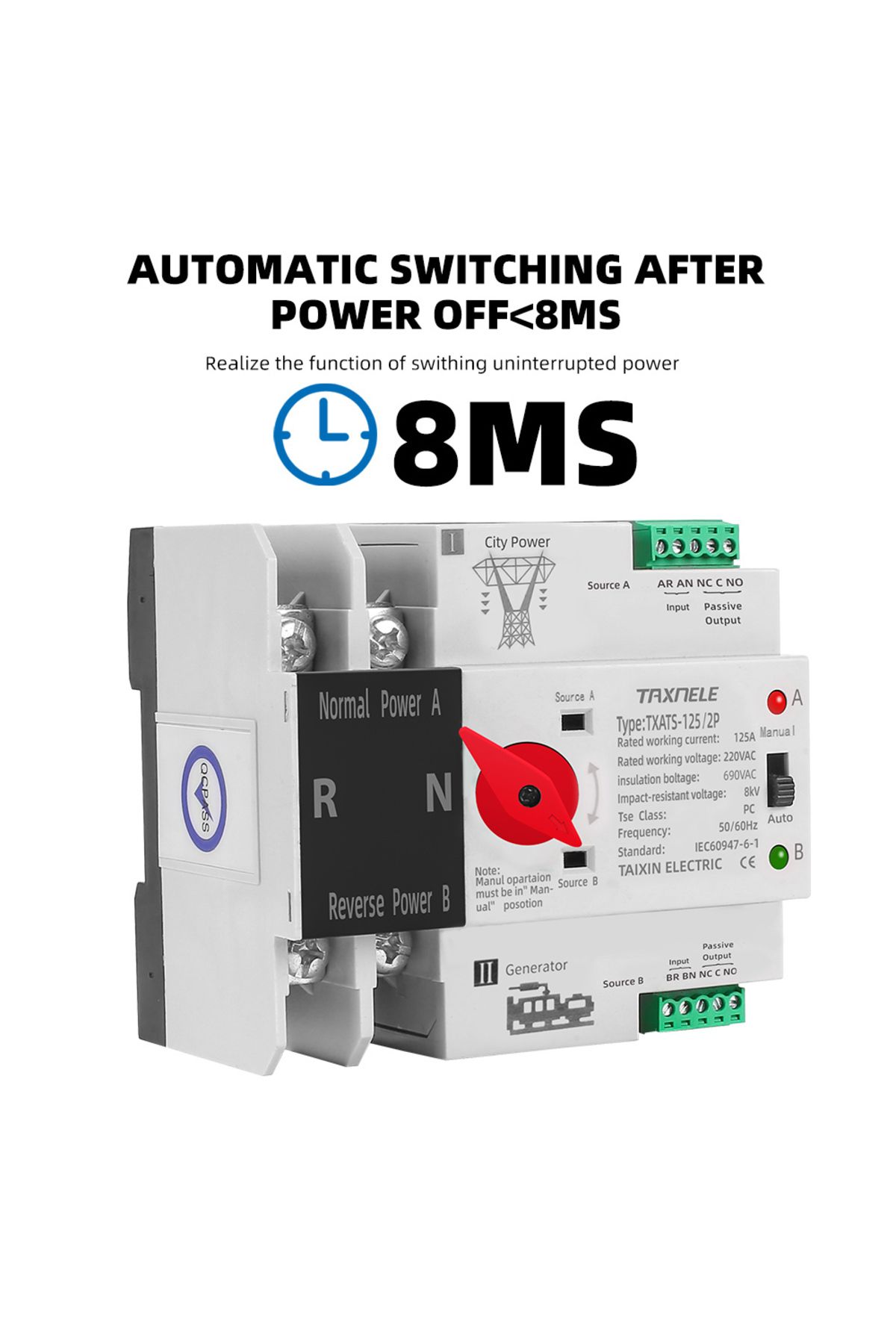 TAXNELE-Din Rail 2P 3P 4P ATS Dual Power Automatic Transfer Switch Selector Switches Uninterrupted Power ... 2