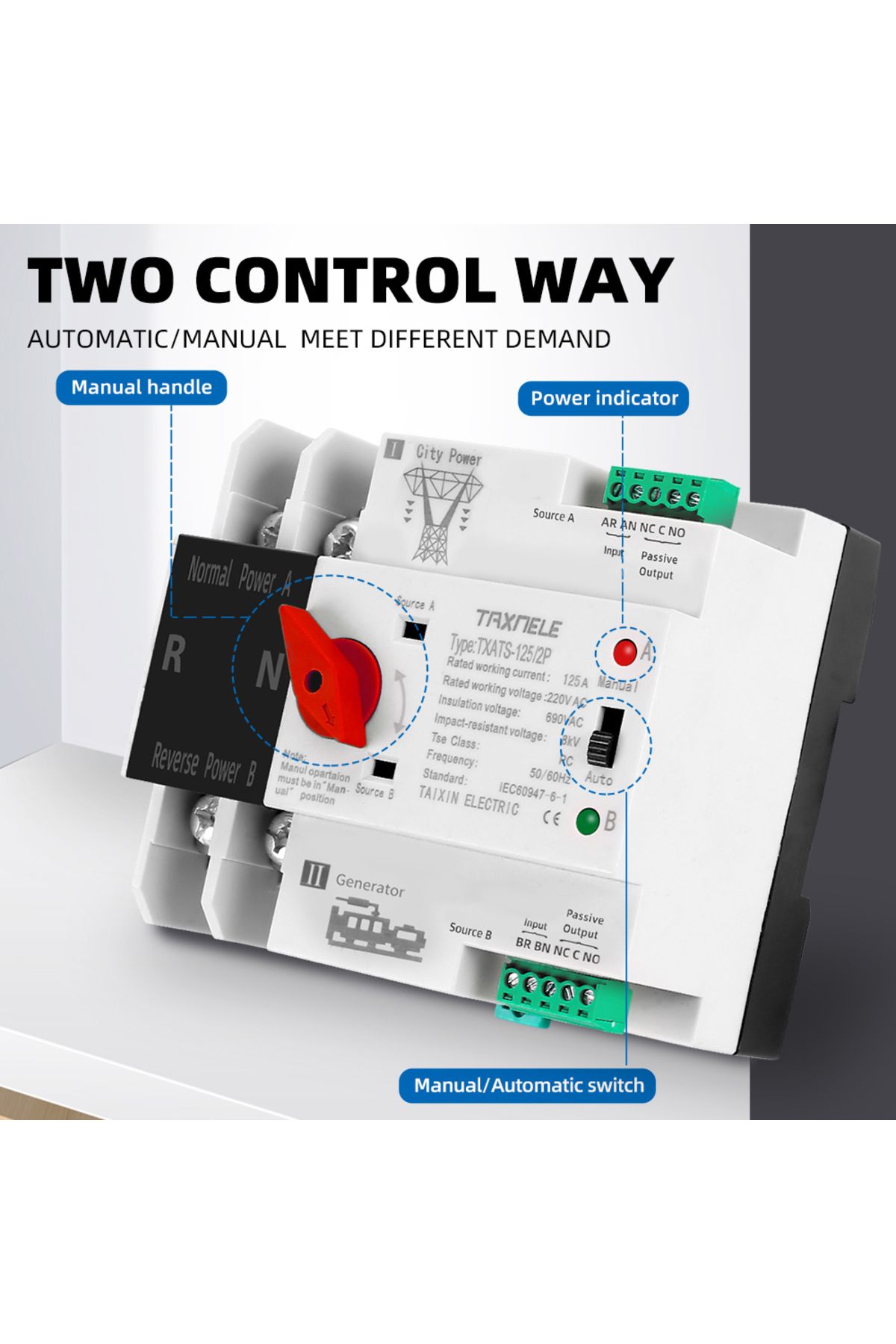 TAXNELE-Din Rail 2P 3P 4P ATS Dual Power Automatic Transfer Switch Selector Switches Uninterrupted Power ... 3