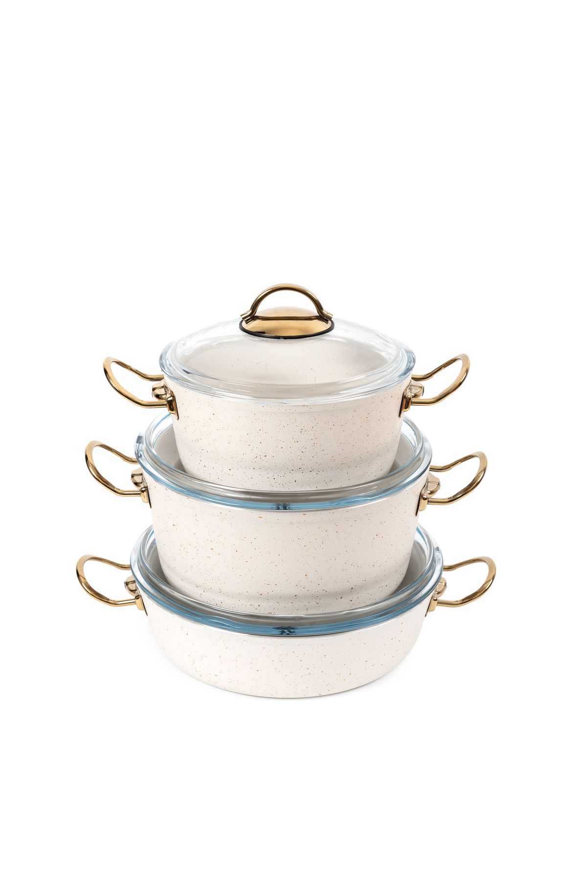 çarşıdayız-7 Pieces White Granite Cookware Set - Stylish and Durable Design with Metal Gold Handle 5