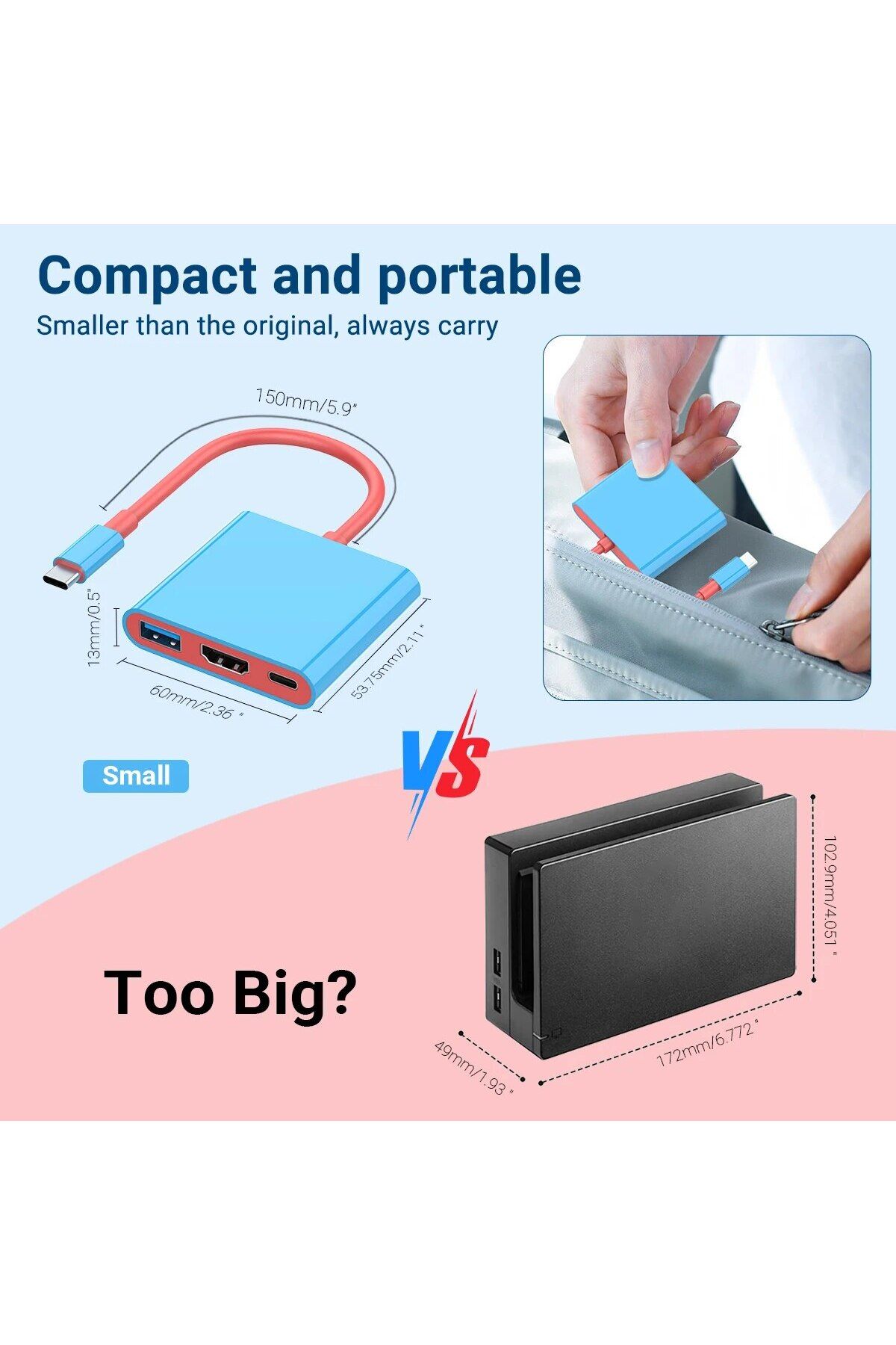 Choice-Blue And Red Portable Switch Tv Dock 3 In 1 Usb-c Game Hub With 4k Hdmi,usb3.0(5GBPS) ,pd 100w Ports 6