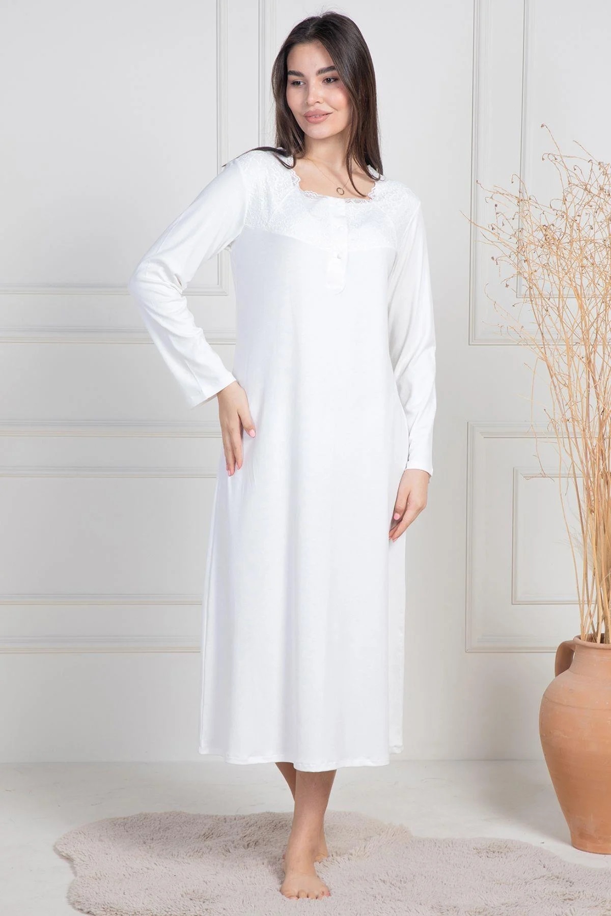Mecit Pijama-Plus Size Melisa Nightgown - Long Sleeve, Guipure Detail, 75% Cotton 25% Viscose 2