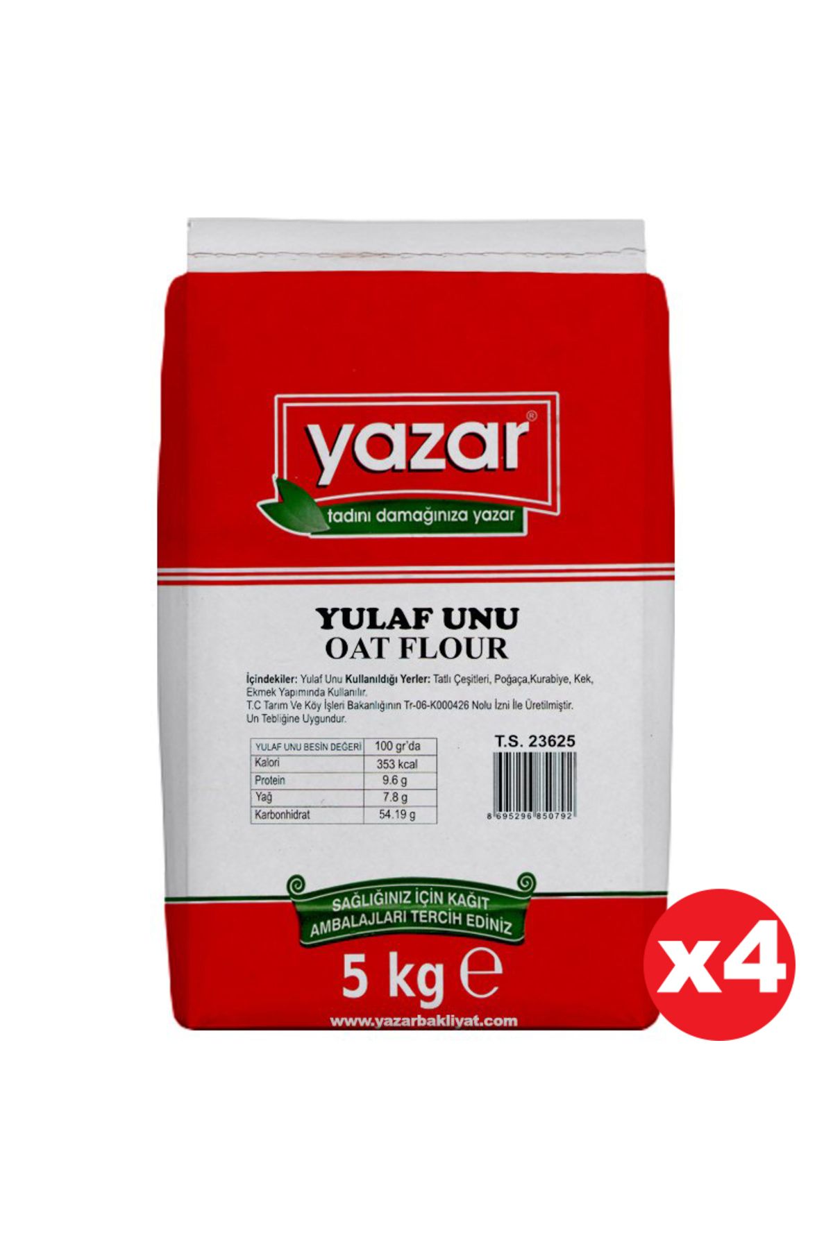 YAZAR Doğal Gluten Düşük Yulaf Unu 5 Kg X 4 Paket Taş Değirmende Öğütülmüş