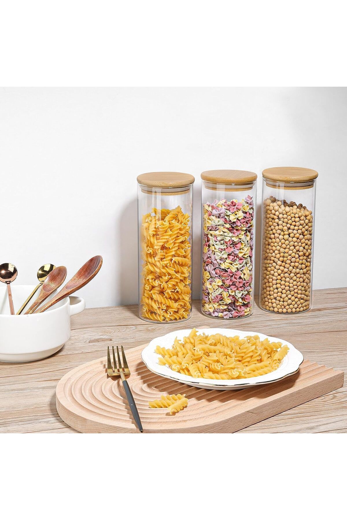 Generic-مجموعة من 3 برطمانات تخزين زجاجية بغطاء محكم من الخيزران سعة 1000 مل 5