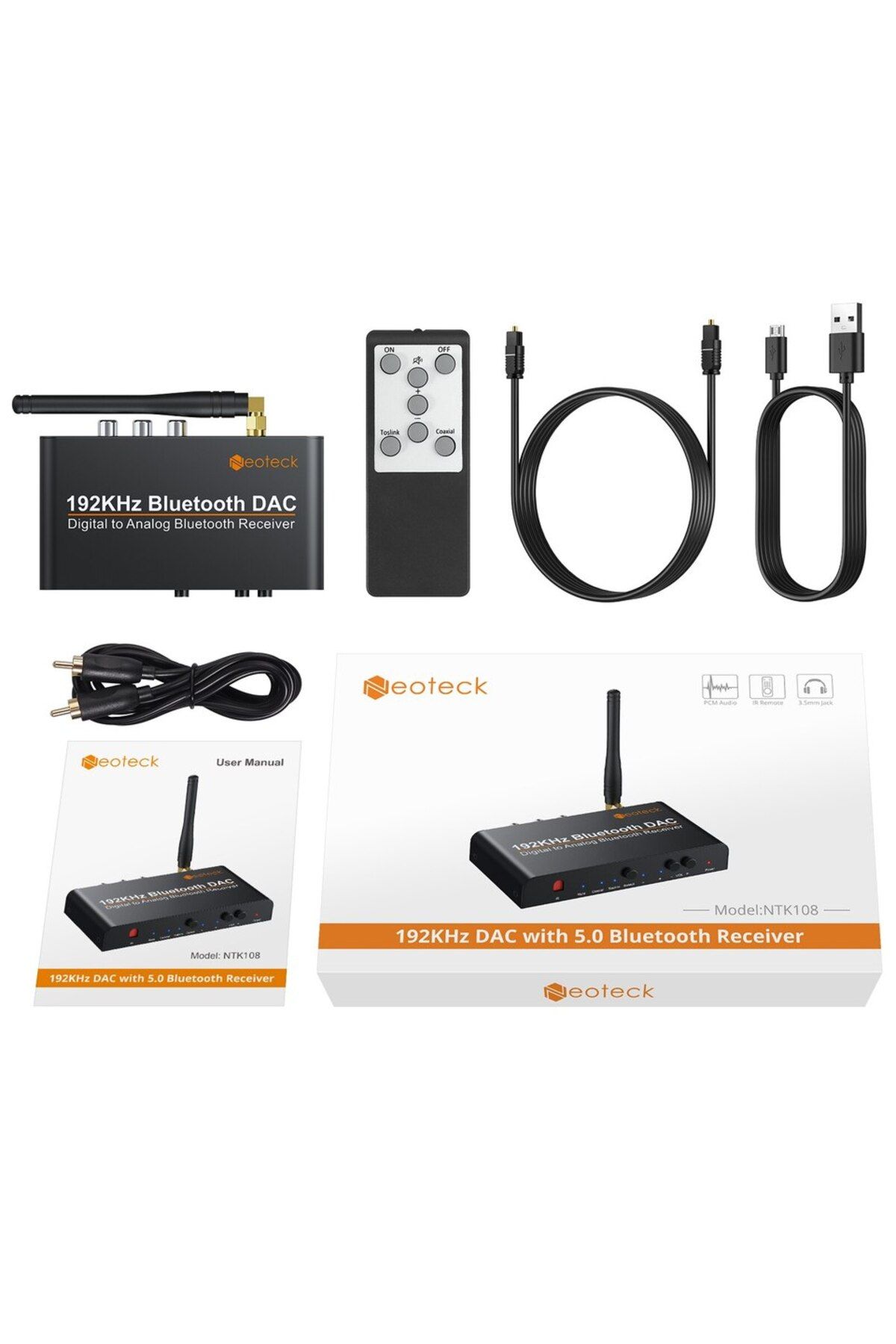 Choice-Black Neoteck Dac Converter Built-in Bluetooth Receiver 192khz Digital Coaxial Toslink To Analog Ste 1
