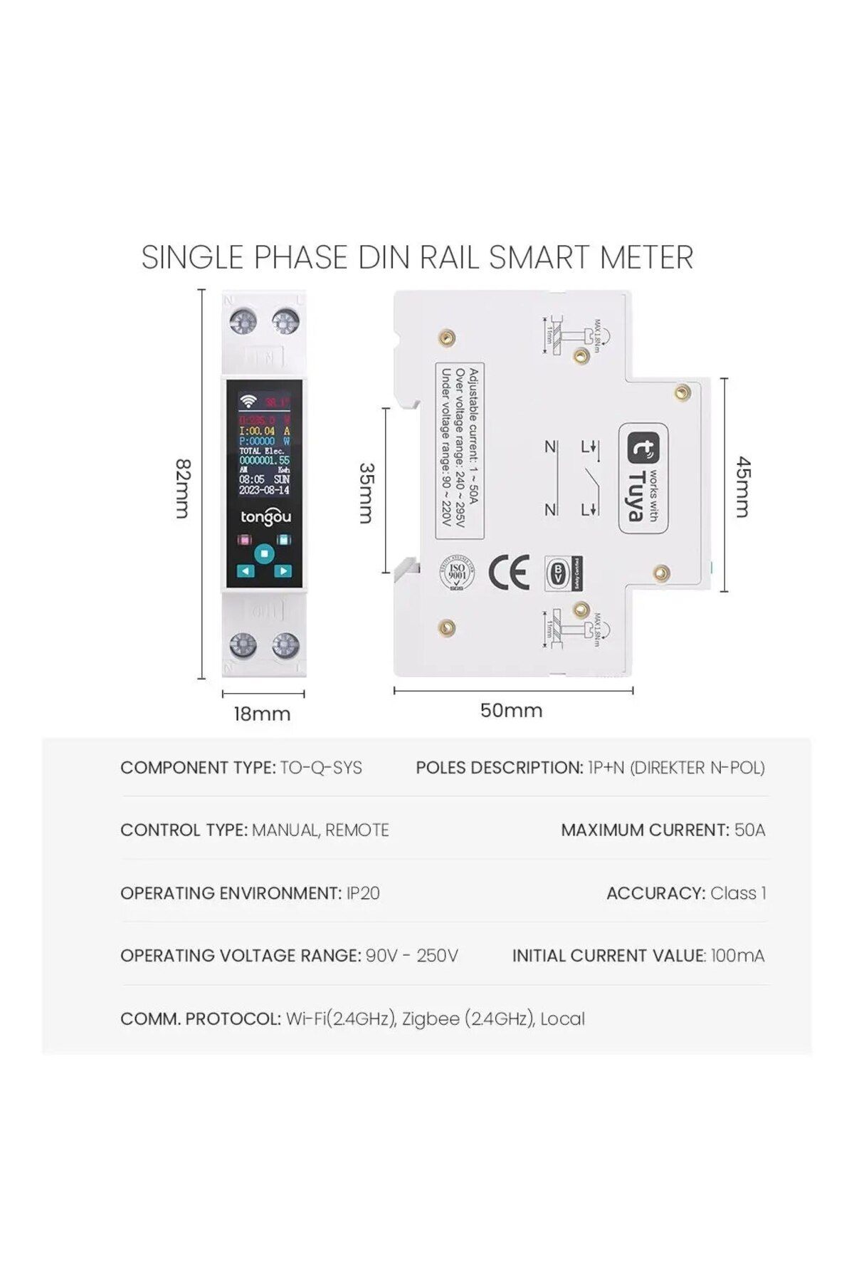 TONGOU-1-50a Adjustable 1p 50a Tuya Wifi Smart Switch Circuit Breaker Led Energy Meter Kwh Power Metering T 6