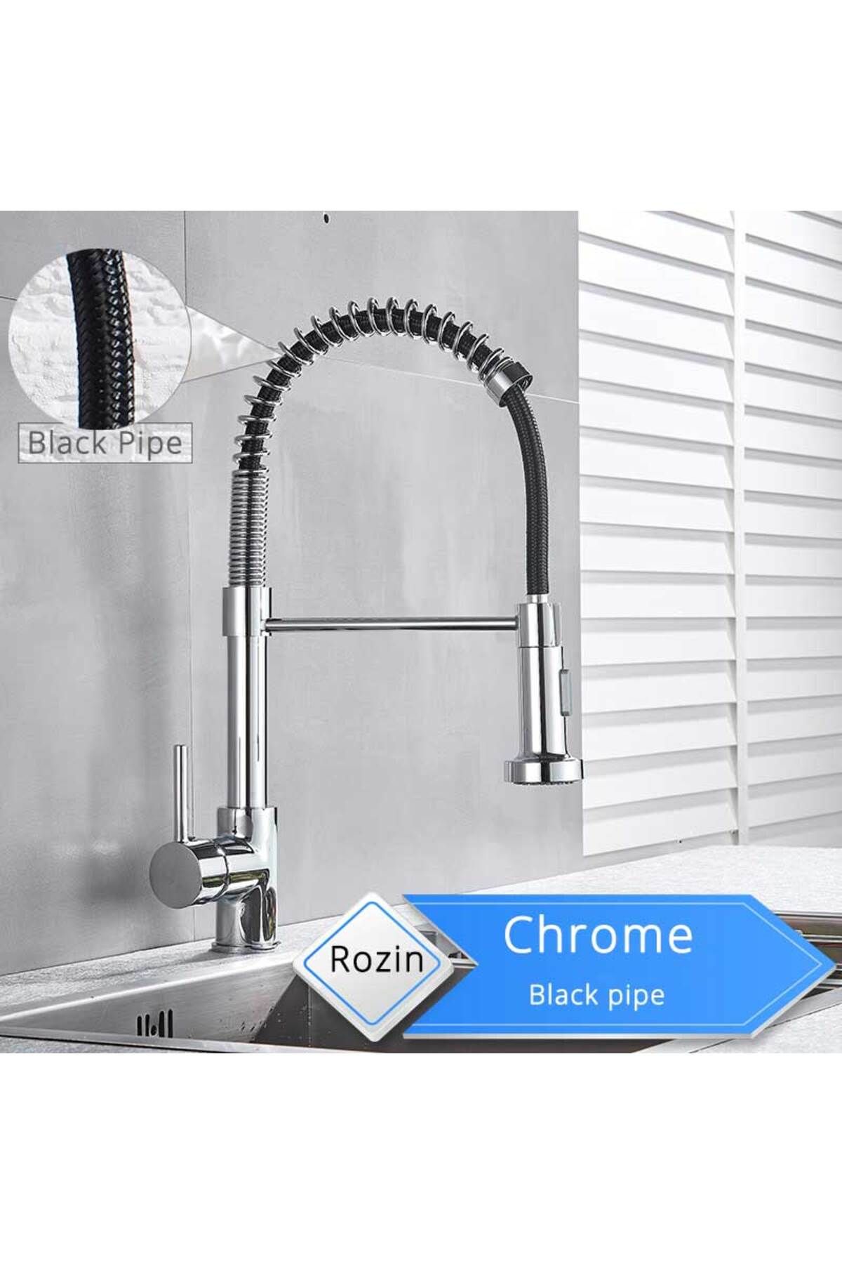 rozin-Chrome A Brushed Nickel Kitchen Faucet Deck Mounted Mixer Tap 360 Degree Rotation Stream Spray 1