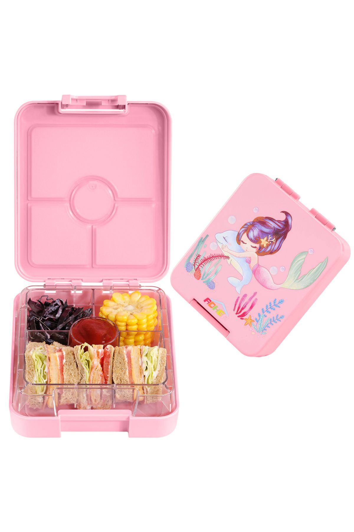 Choice-610ml 1 4 Pink Aohea Bento Lunch Box For Kids: Mermaid Bento Boxes 4 Compartment Toddler Bento Conta 1