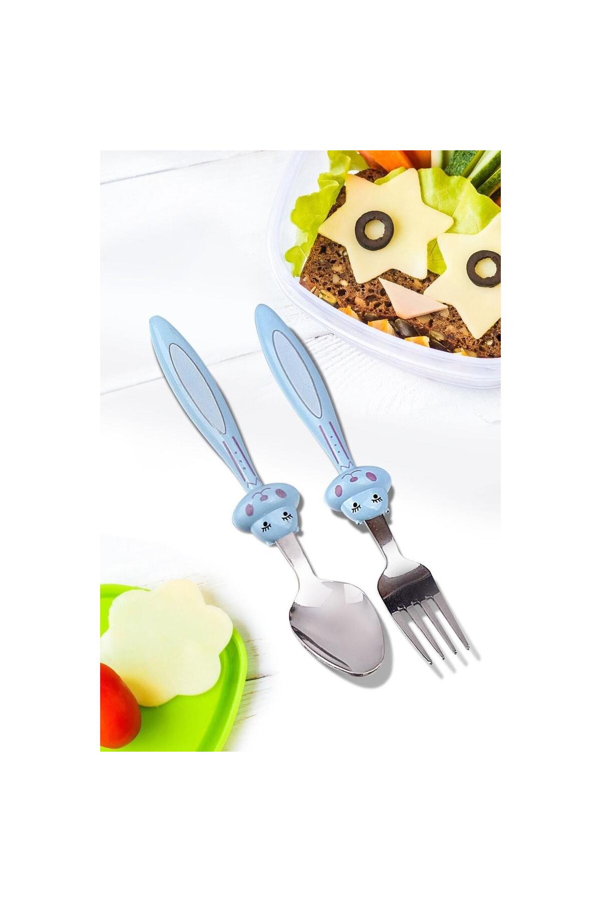 RAMDET Çocuk Çatak Kasık Seti Mavi 2'li Bebek Mama Seti Figürlü Çelik Çatal Kaşık fotoğrafı 2 (önizleme)
