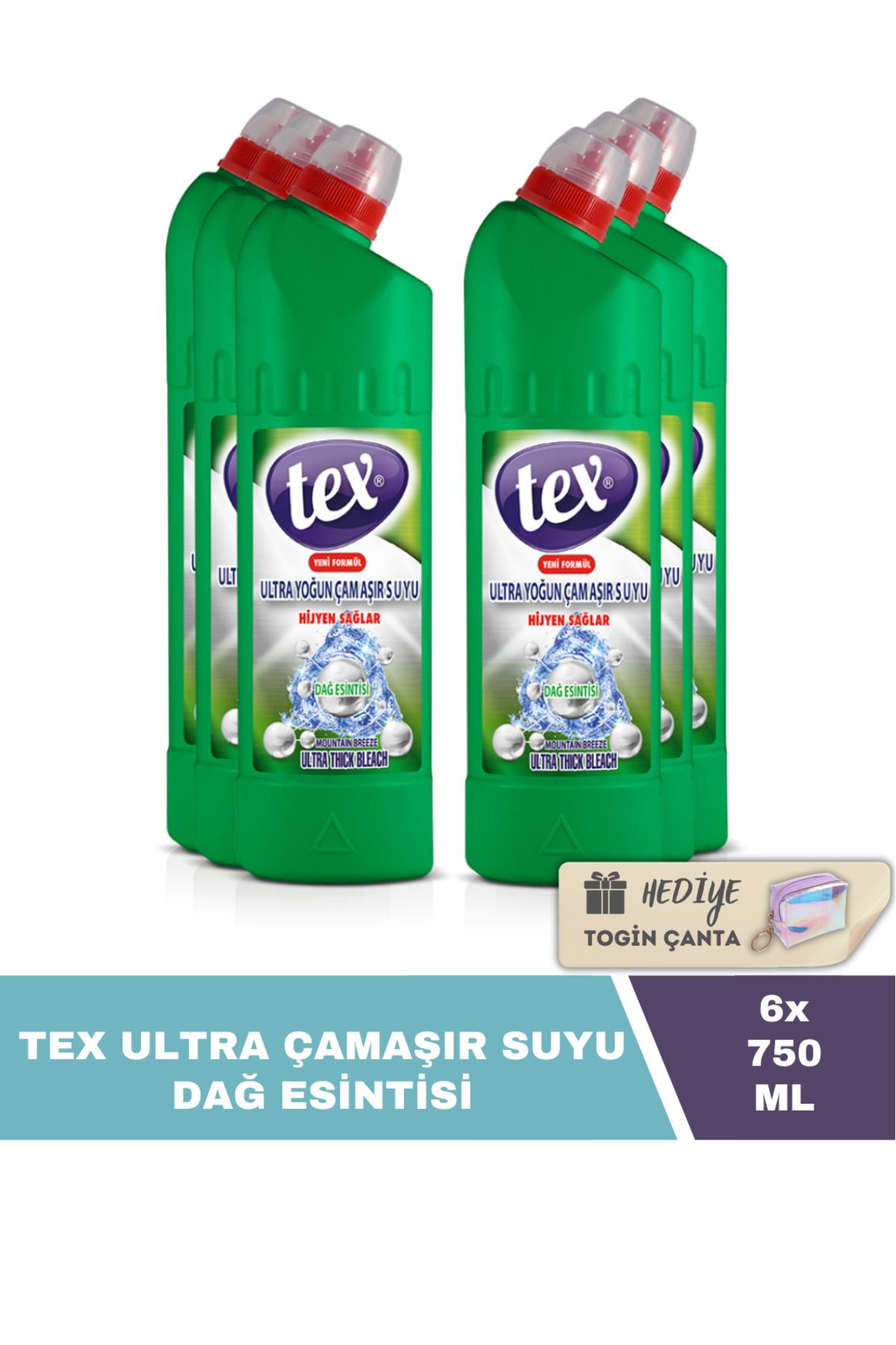 Tex Ultra Çamaşır Suyu Dağ Esintisi 750 ml X6 Adet Hediye Togin Çanta