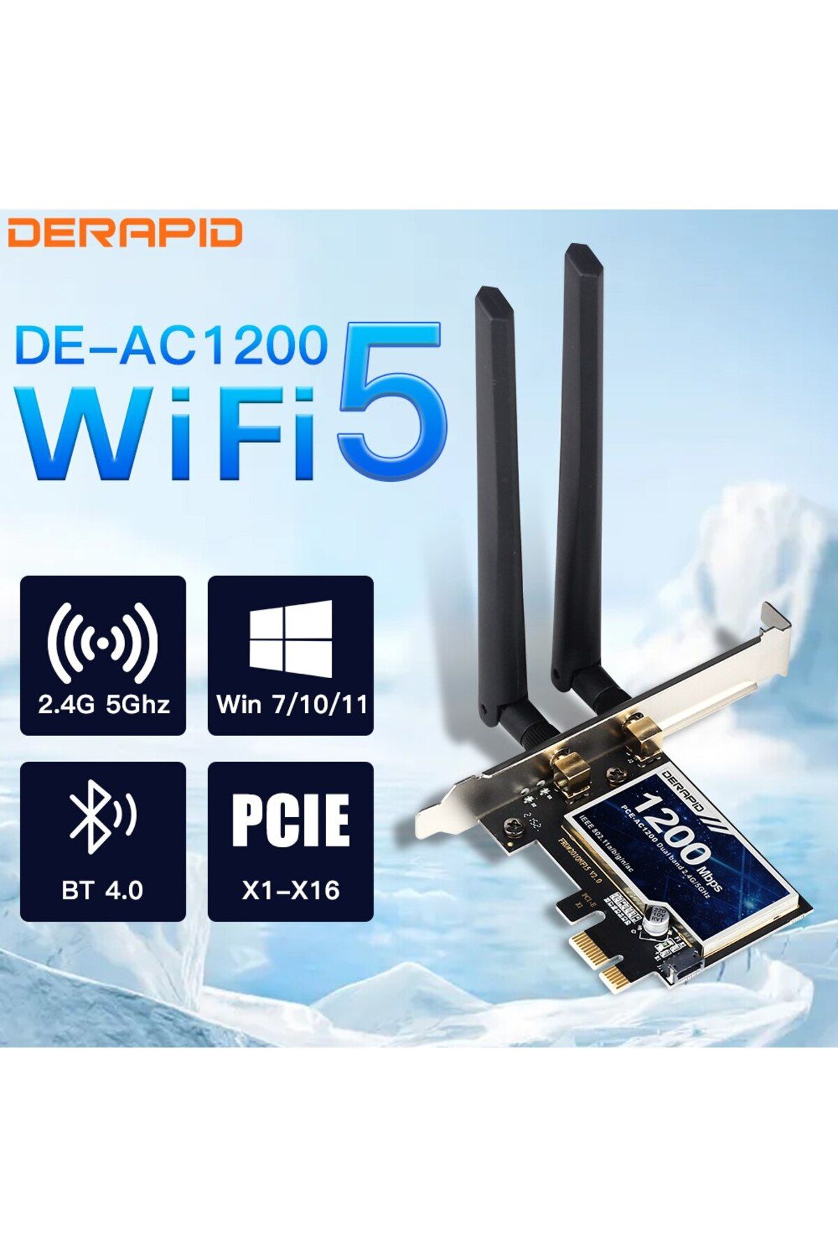 DERAPID-De-ac1200 Ac1200 Wifi Adapter Bluetooth Dual Band 2.4ghz/5ghz Pcie Wireless Network Card Int 1
