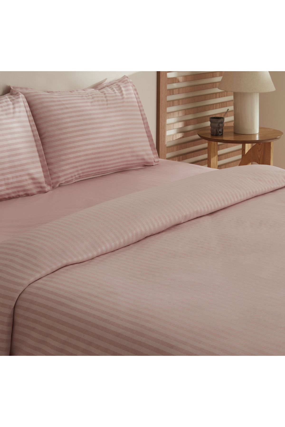 Karaca Home-Josef Striped Satin Double Duvet Cover Set Powder 3